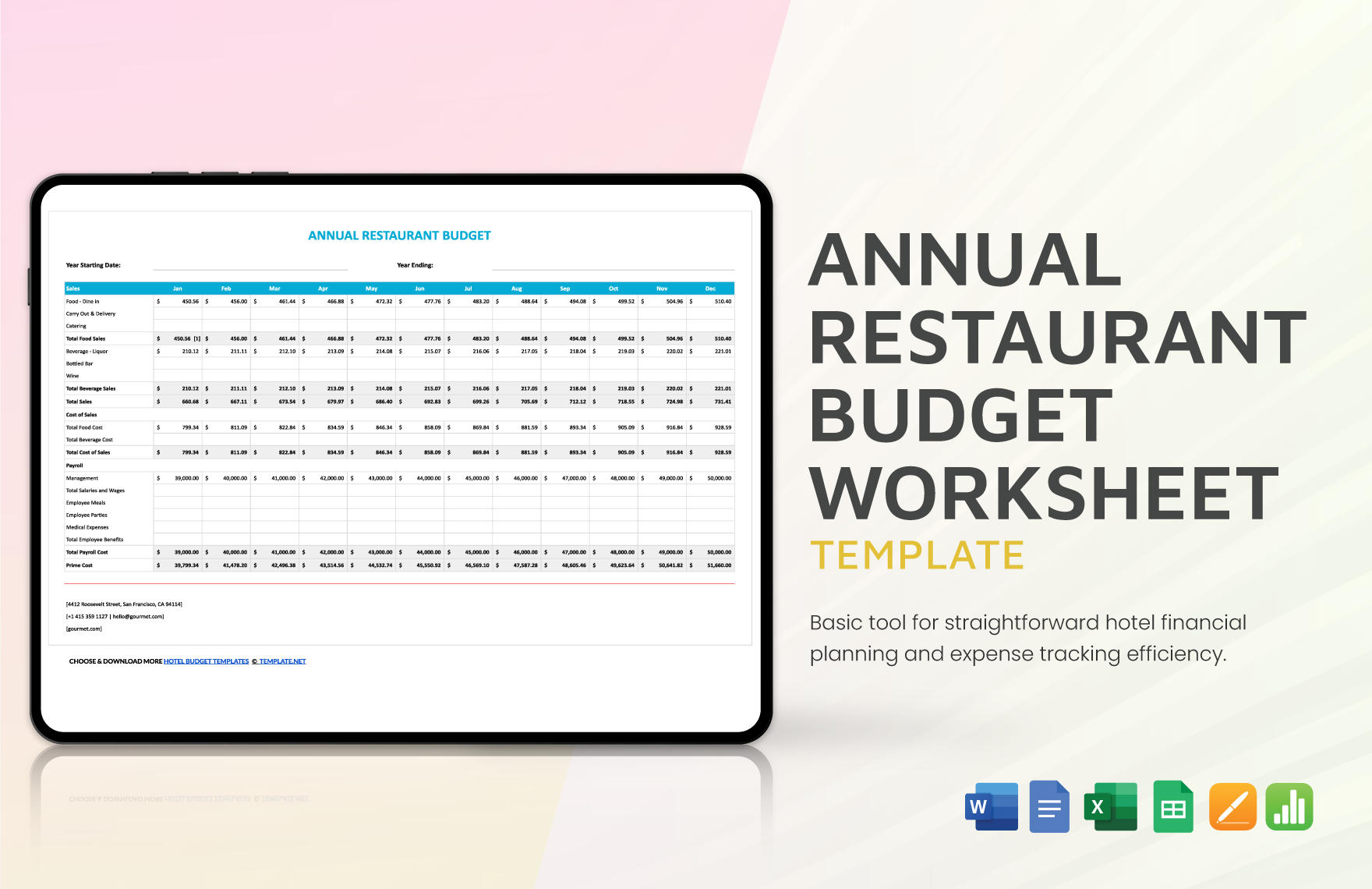 Annual Restaurant Budget Worksheet Template