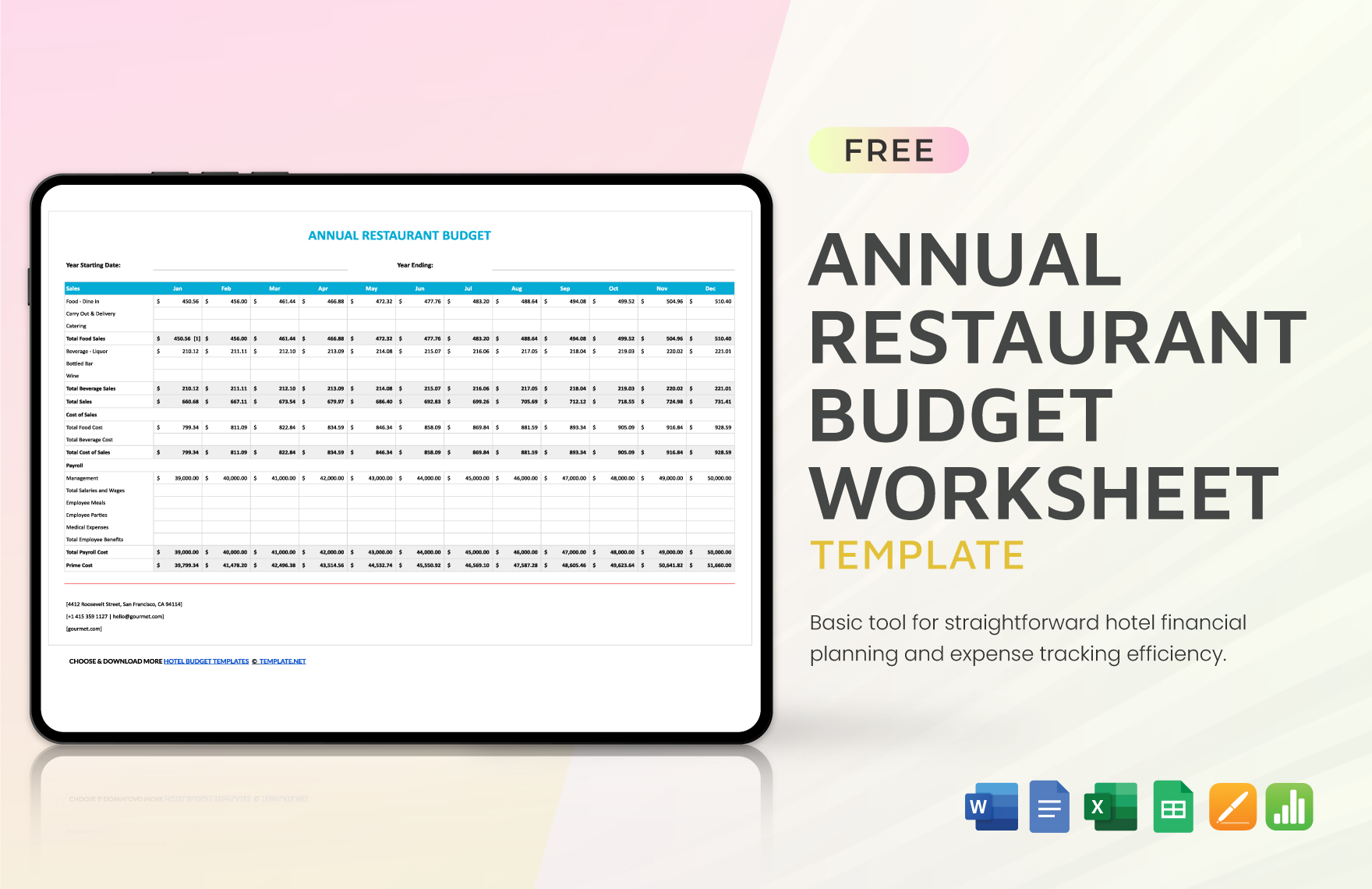 Annual Restaurant Budget Worksheet Template