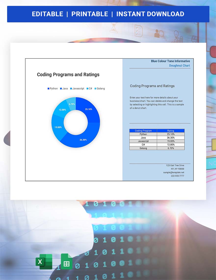 Blue Colour Tone Informative Doughnut Chart - Google Sheets, Excel 