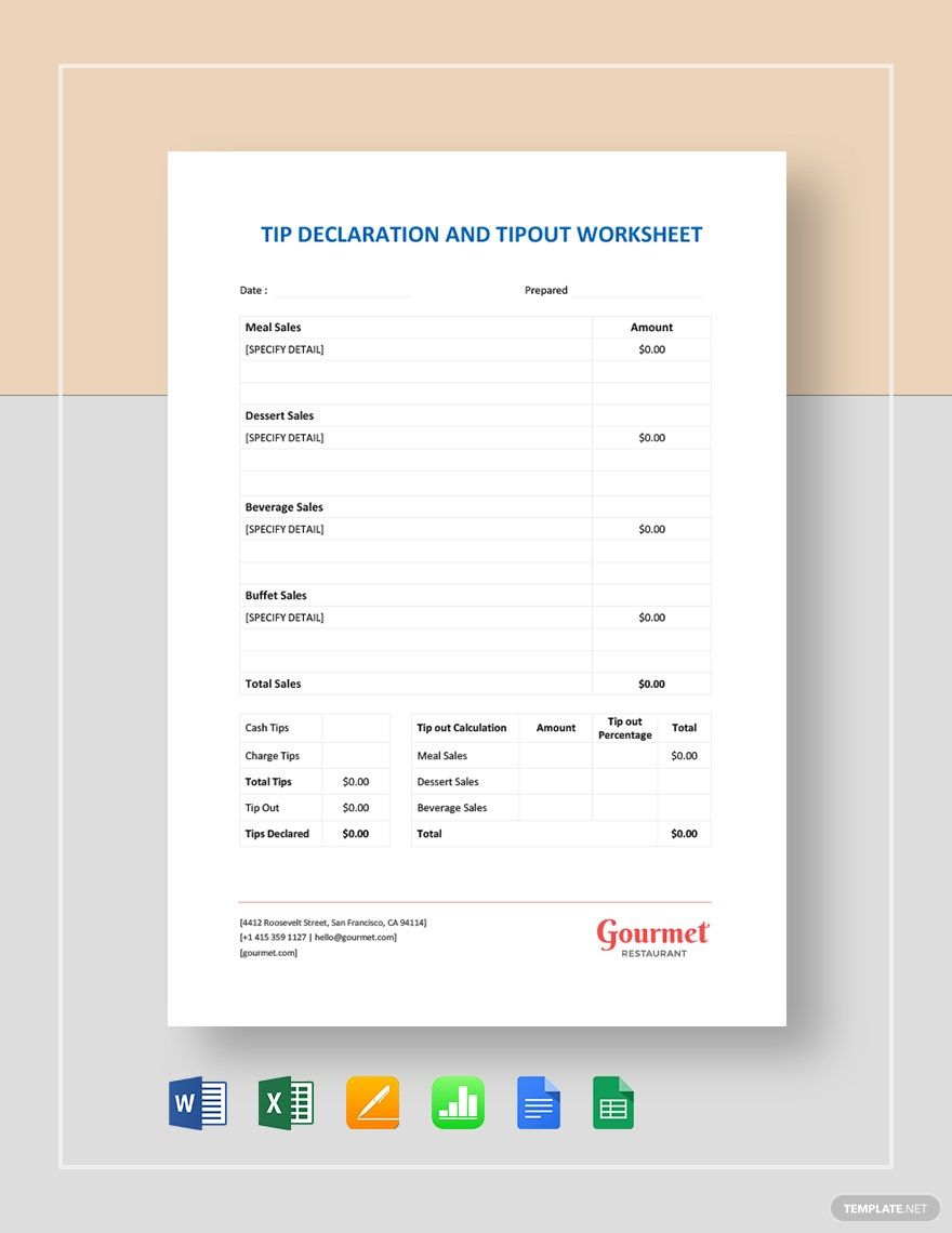Free Tip Declaration and Tip Out Worksheet Template