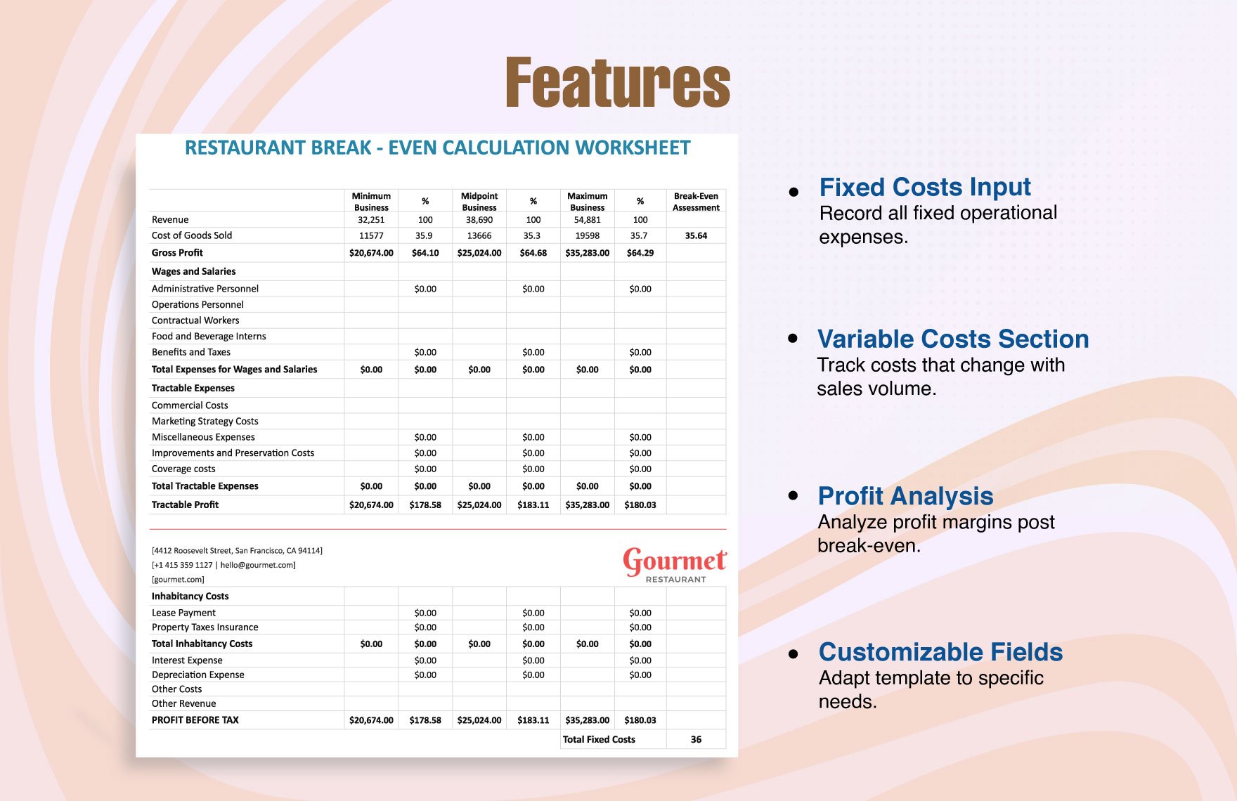 Restaurant Break-Even Calculation Worksheet Template