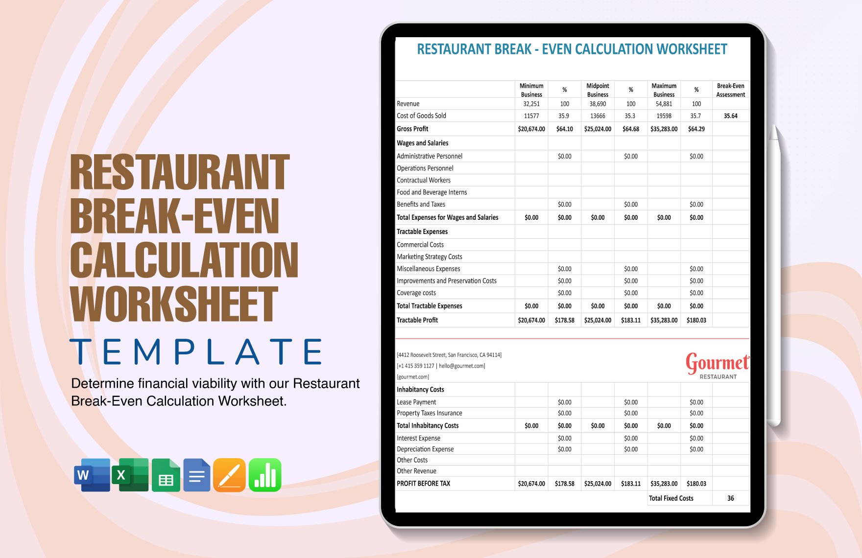 Restaurant Break-Even Calculation Worksheet Template in Word, Google Docs, Excel, Google Sheets, Apple Pages, Apple Numbers