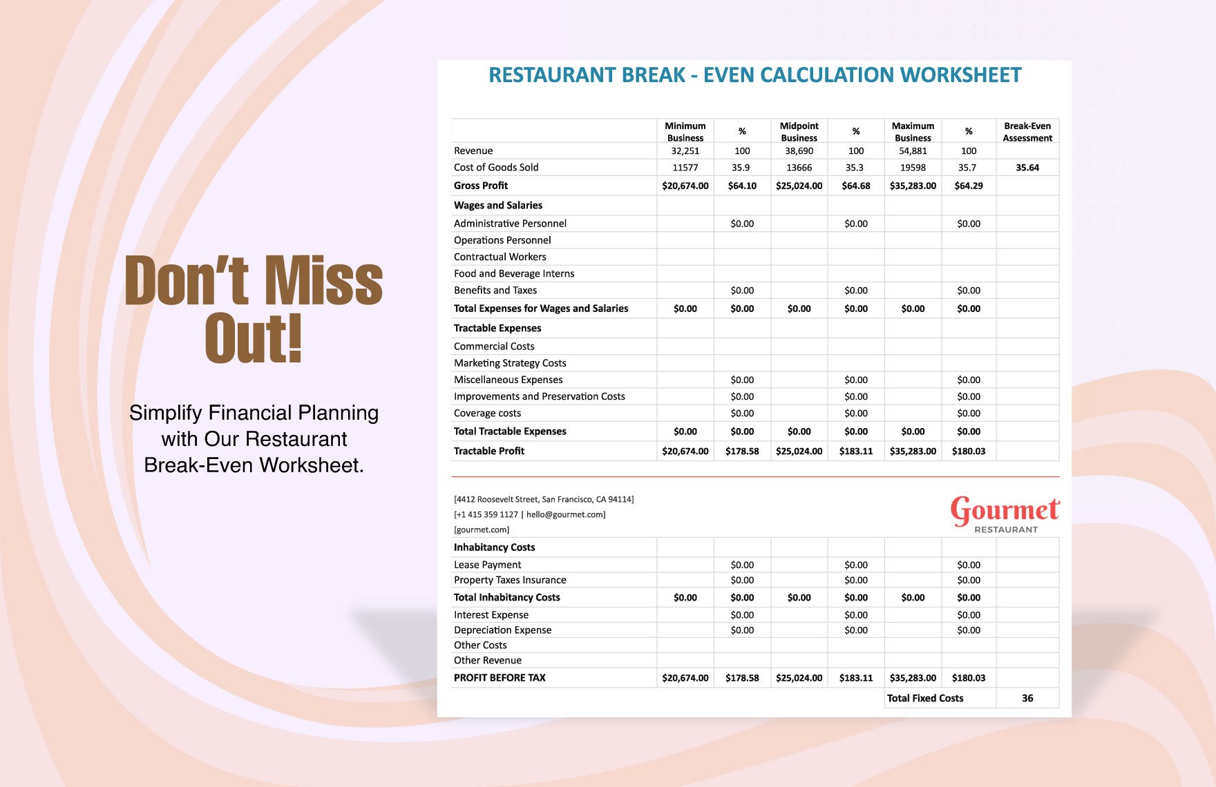 Restaurant Break-Even Calculation Worksheet Template