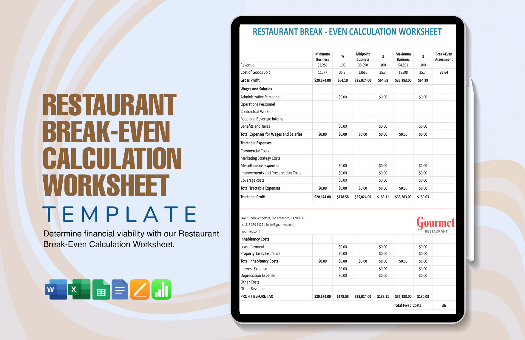 Restaurant Break-Even Calculation Worksheet Template