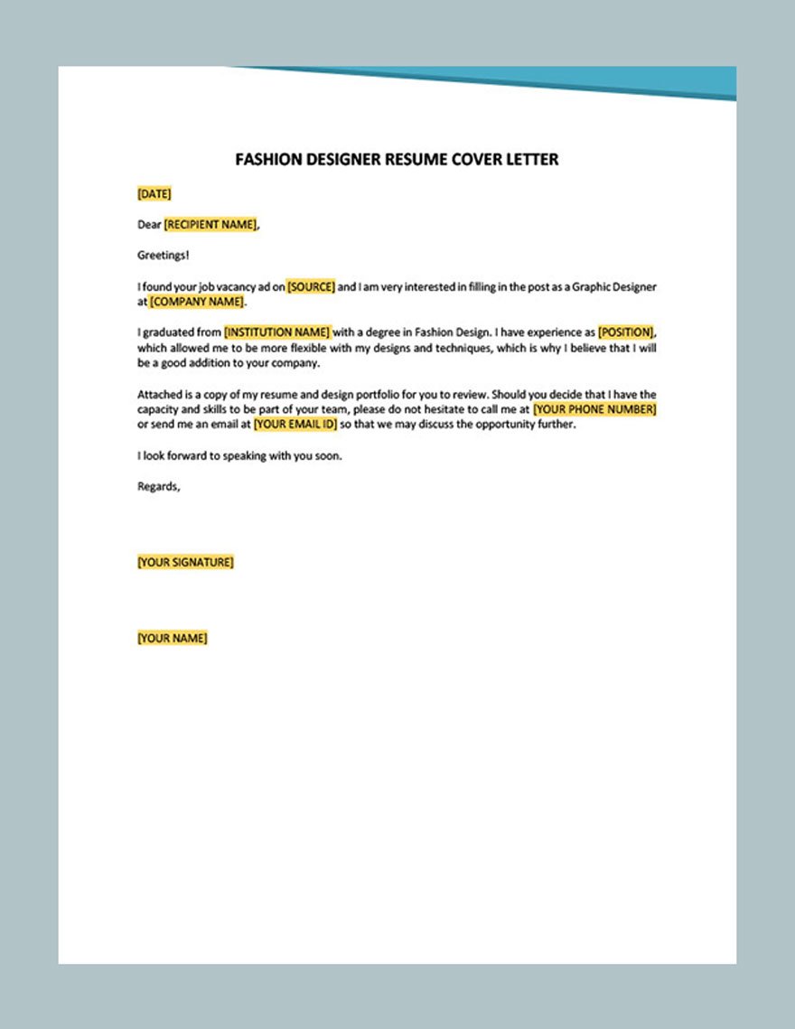 Fashion Designer Resume Cover Letter Template