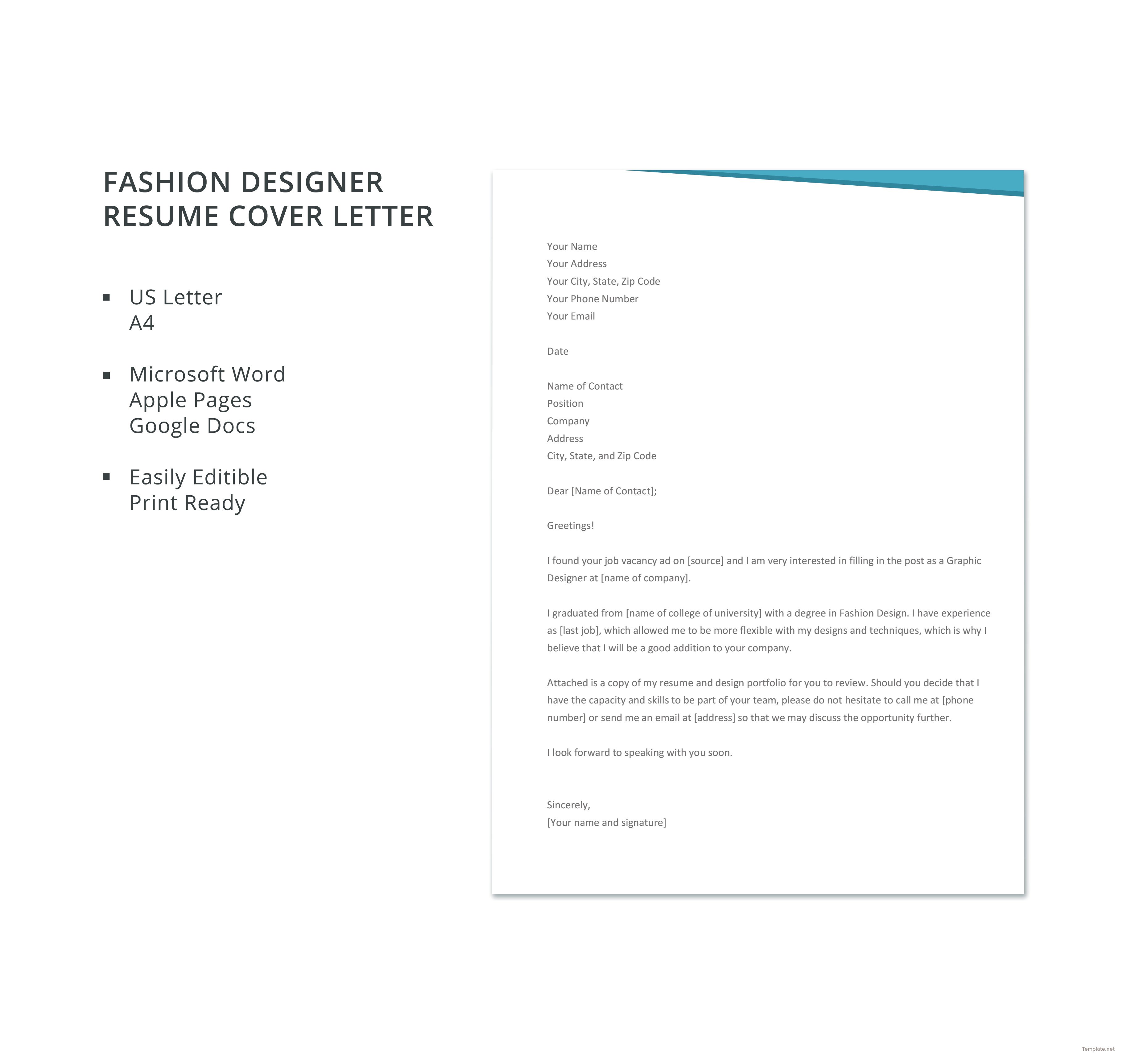 free fashion designer resume cover letter template in microsoft word  apple pages  google docs