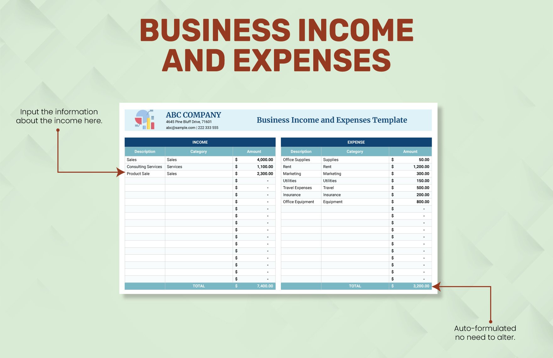 Business Income & Expenses Worksheet Template
