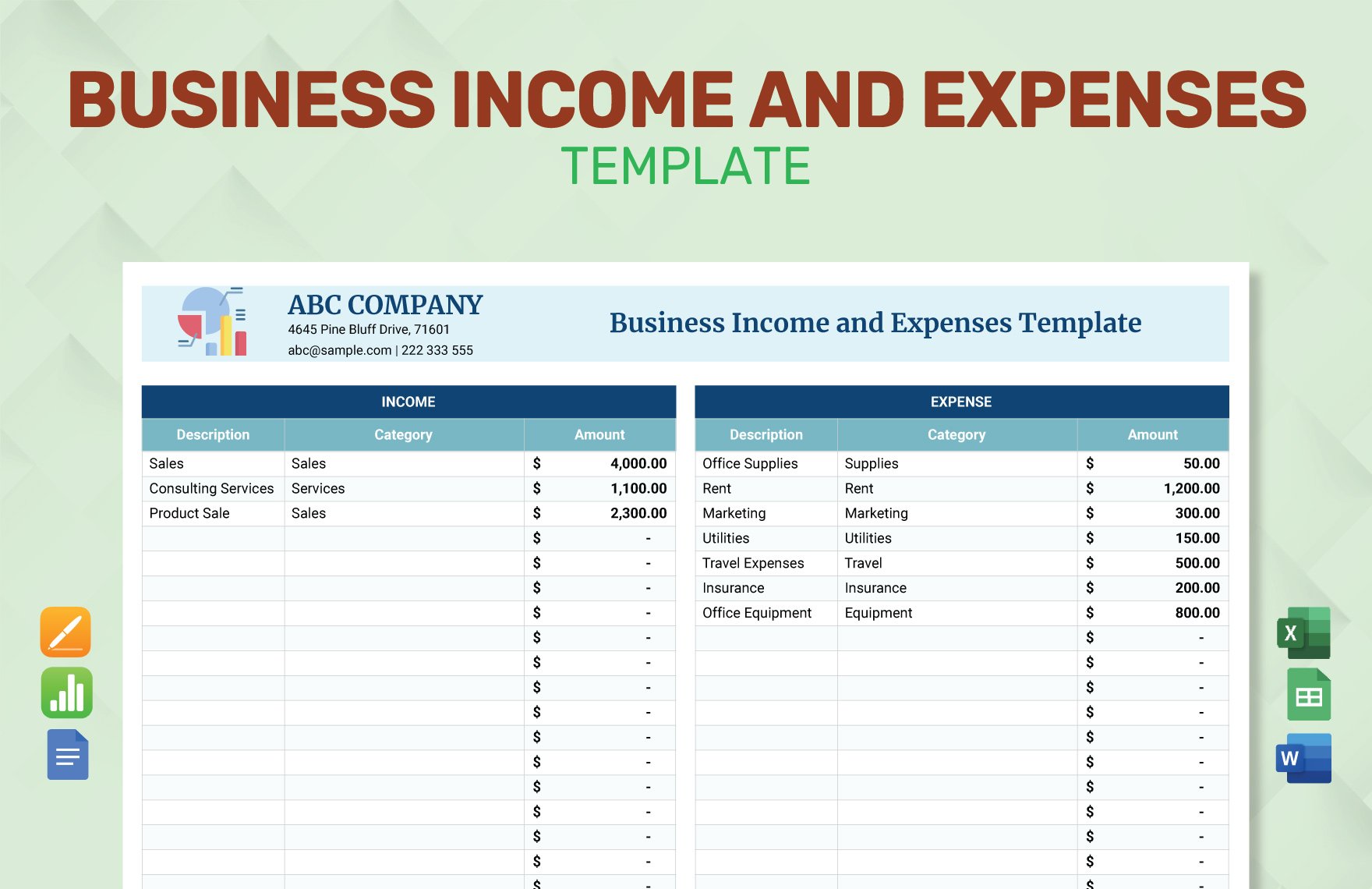 Business Income & Expenses Worksheet Template in Word, Google Docs, Excel, Google Sheets, Apple Pages, Apple Numbers