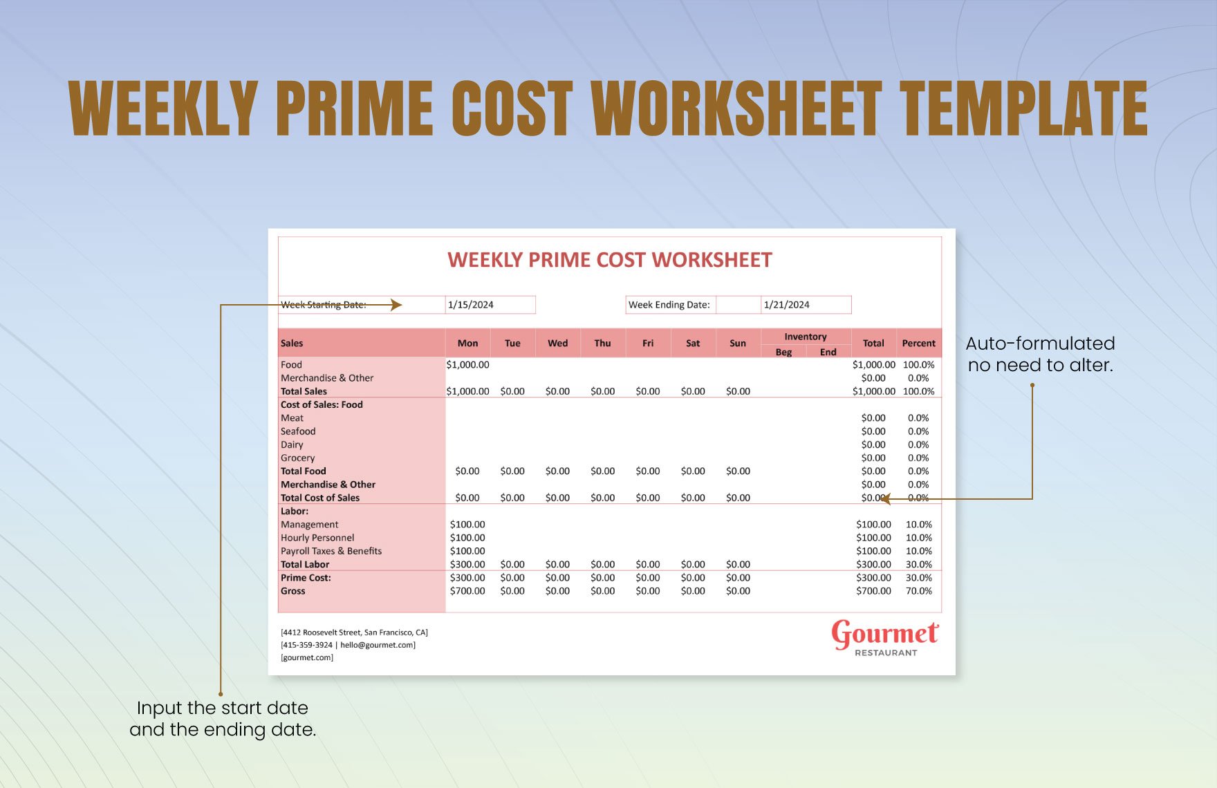 Weekly Prime Cost Worksheet Template
