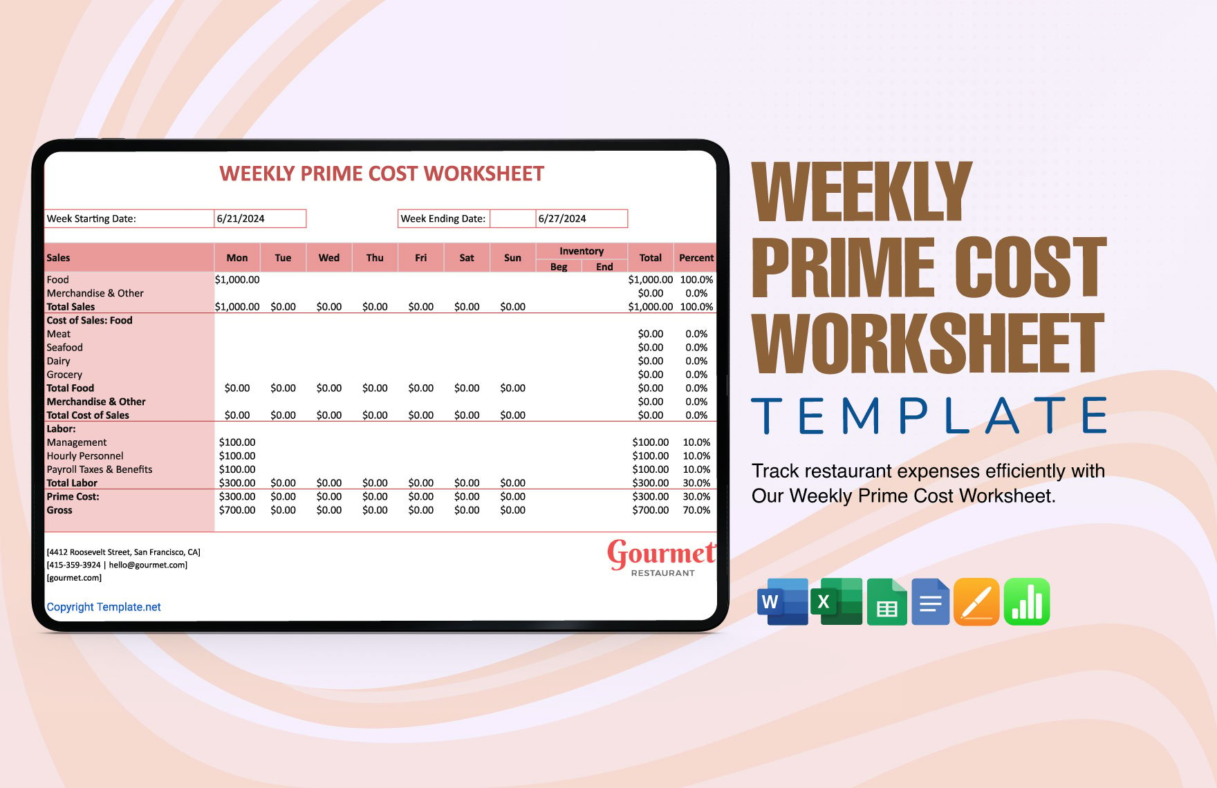 Weekly Prime Cost Worksheet Template in Word, Google Docs, Excel, Google Sheets, Apple Pages, Apple Numbers