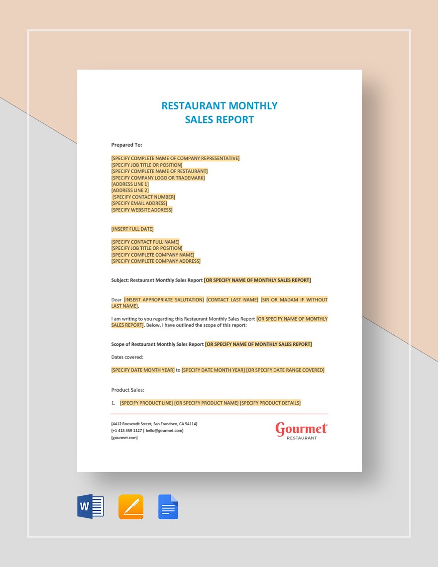 Restaurant Monthly Sales Report Template