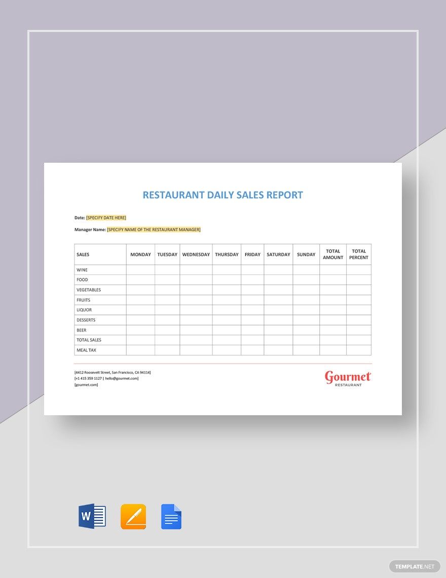 Restaurant Daily Sales Report Template Free Printable Templates