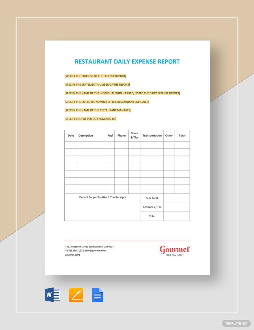 Restaurant Daily Expense Report Template in Word, Google Docs, Apple Pages
