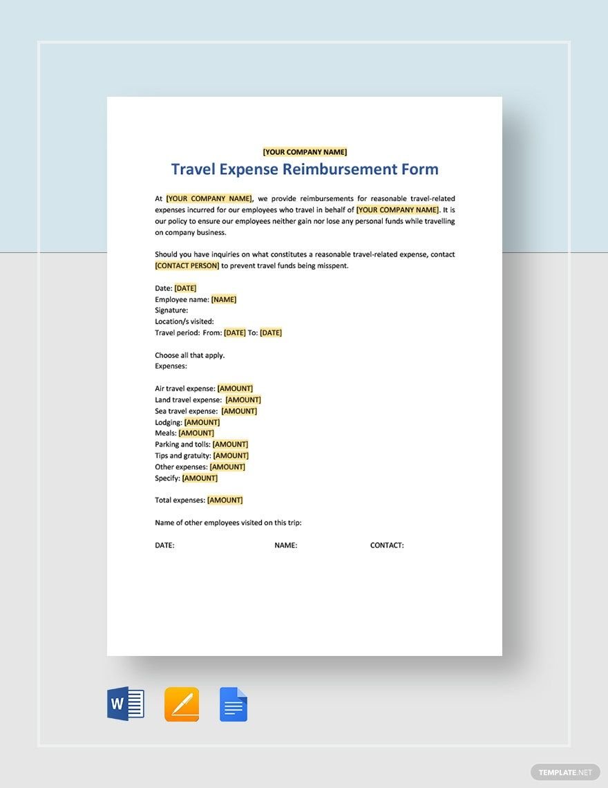 Travel Expense Reimbursement Form Template in Word, Google Docs, Apple Pages