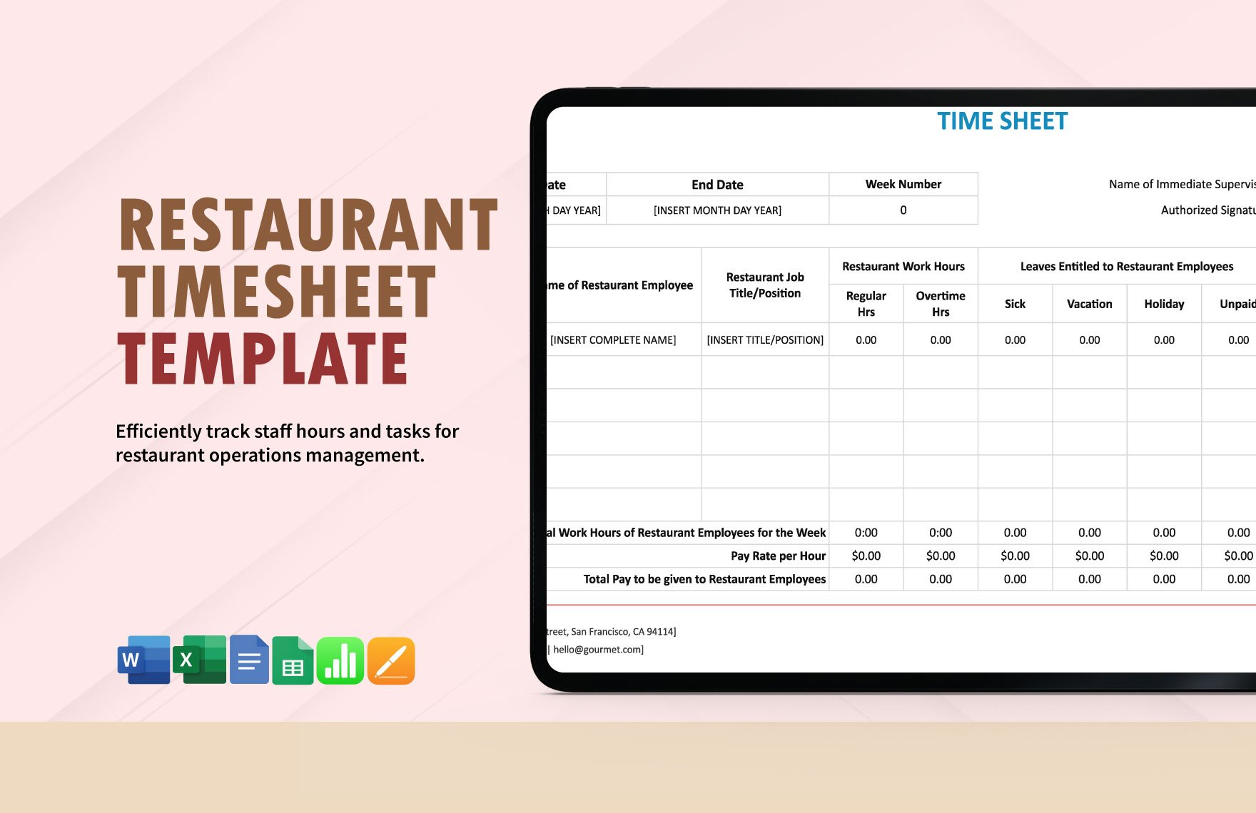 Restaurant Time Sheet Template in Word, Google Docs, Excel, Google Sheets, Apple Pages, Apple Numbers