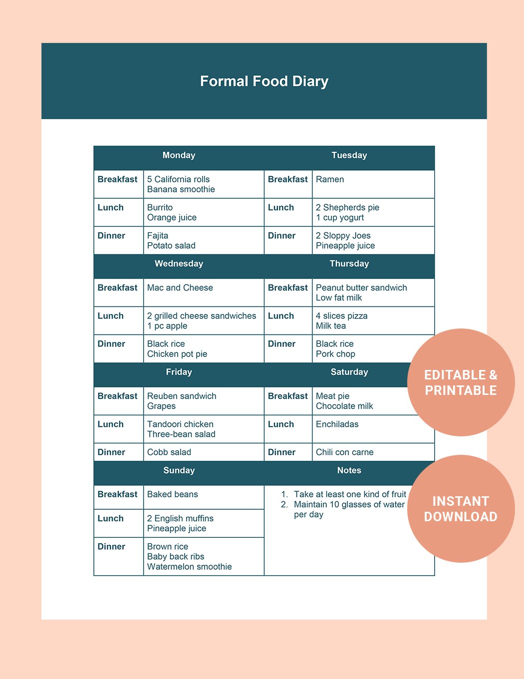 Formal Food Diary Template