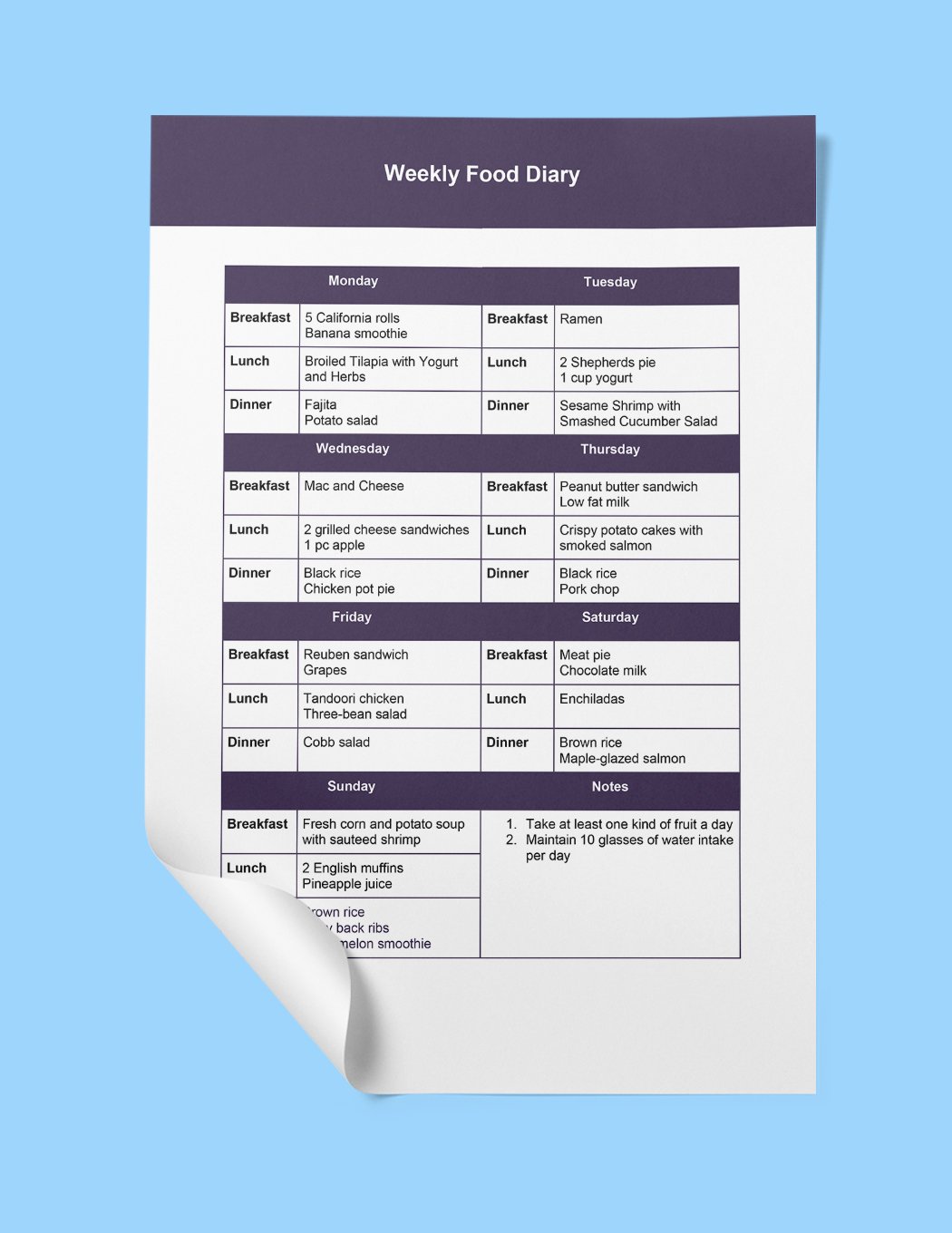 Free Weekly Food Diary Template