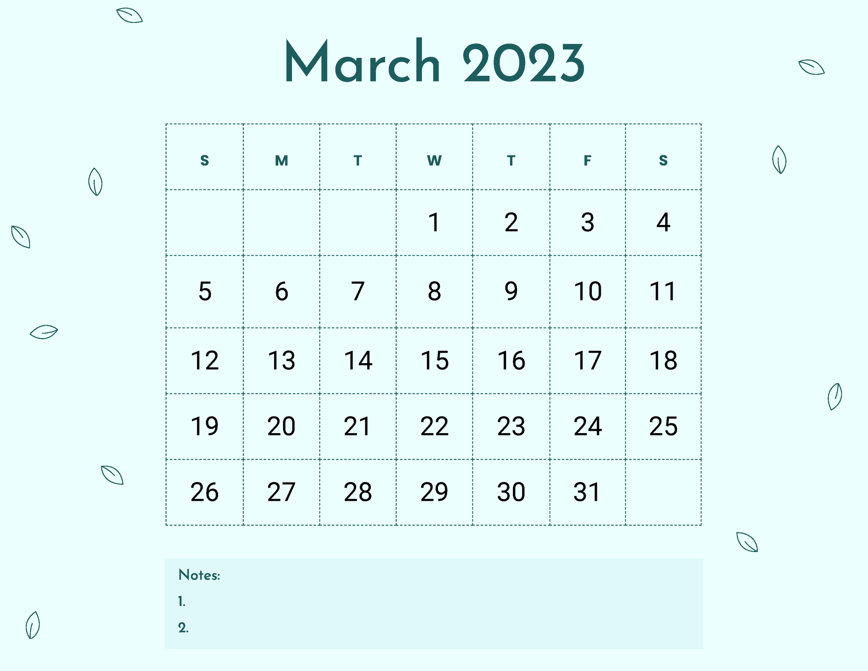 Blank March Calendar 2023