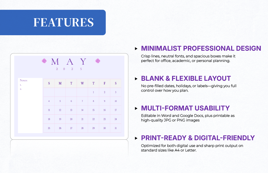 Blank May Calendar 2025