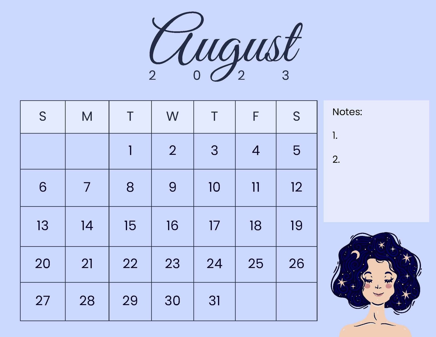 Blank August Calendar 2023 in Word, Illustrator, EPS, SVG, PNG, JPEG