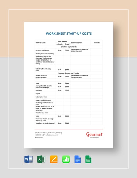 Restaurant Worksheet StartUp Costs