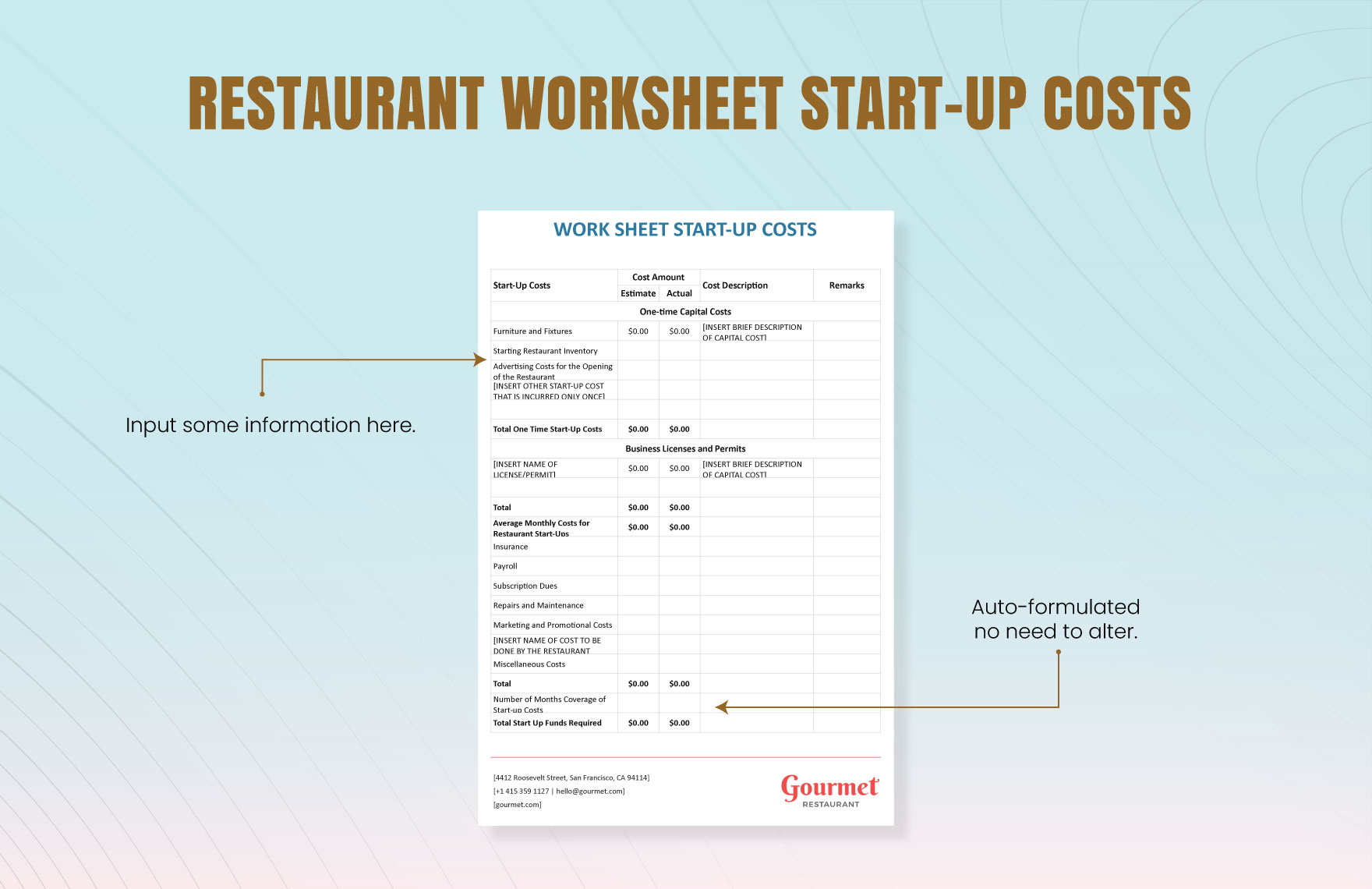 Restaurant Worksheet StartUp Costs Template