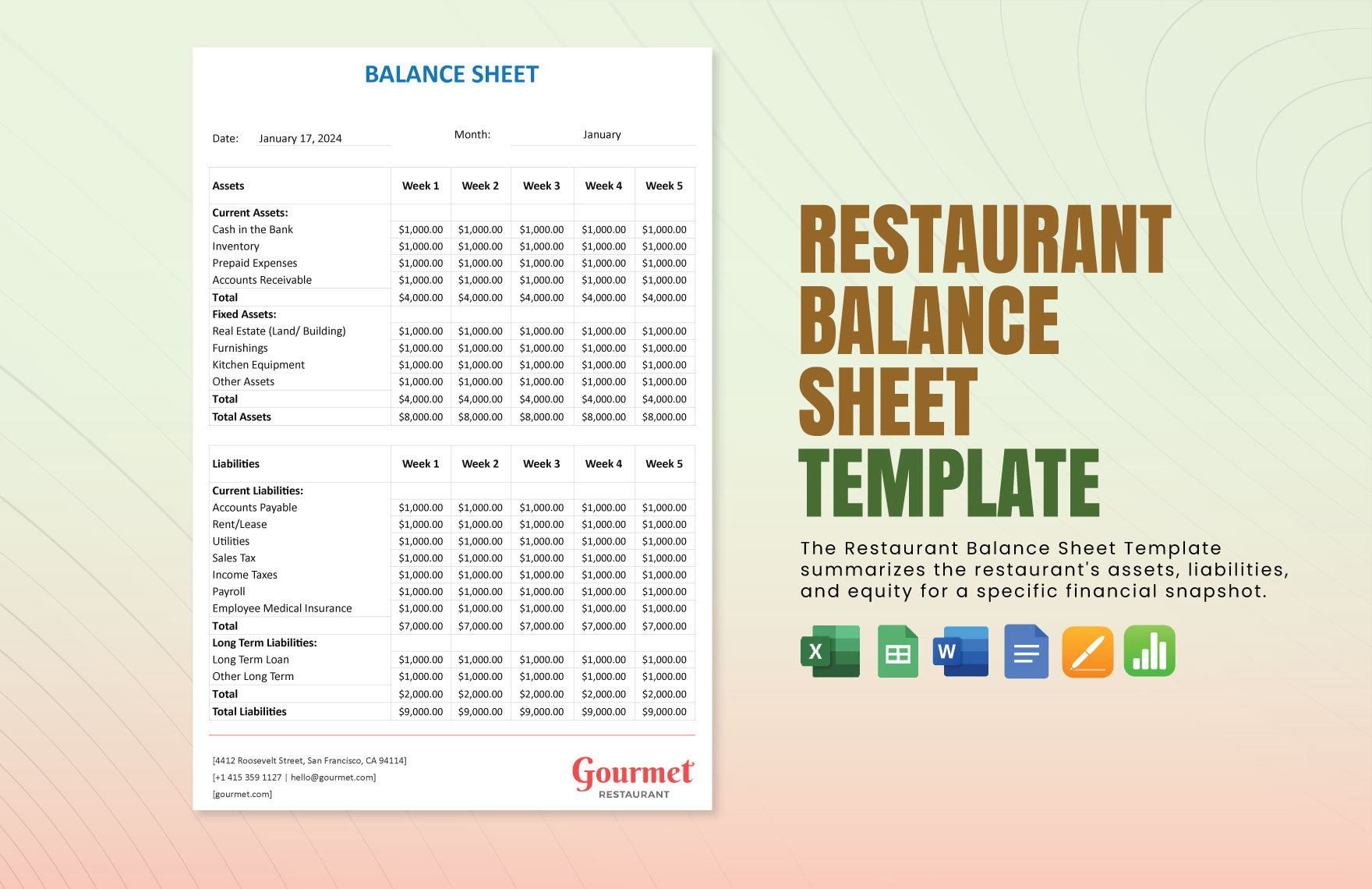 Restaurant Balance Sheet Template