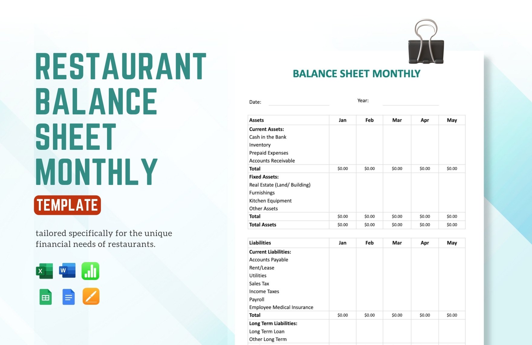 Restaurant Balance Sheet Monthly Template