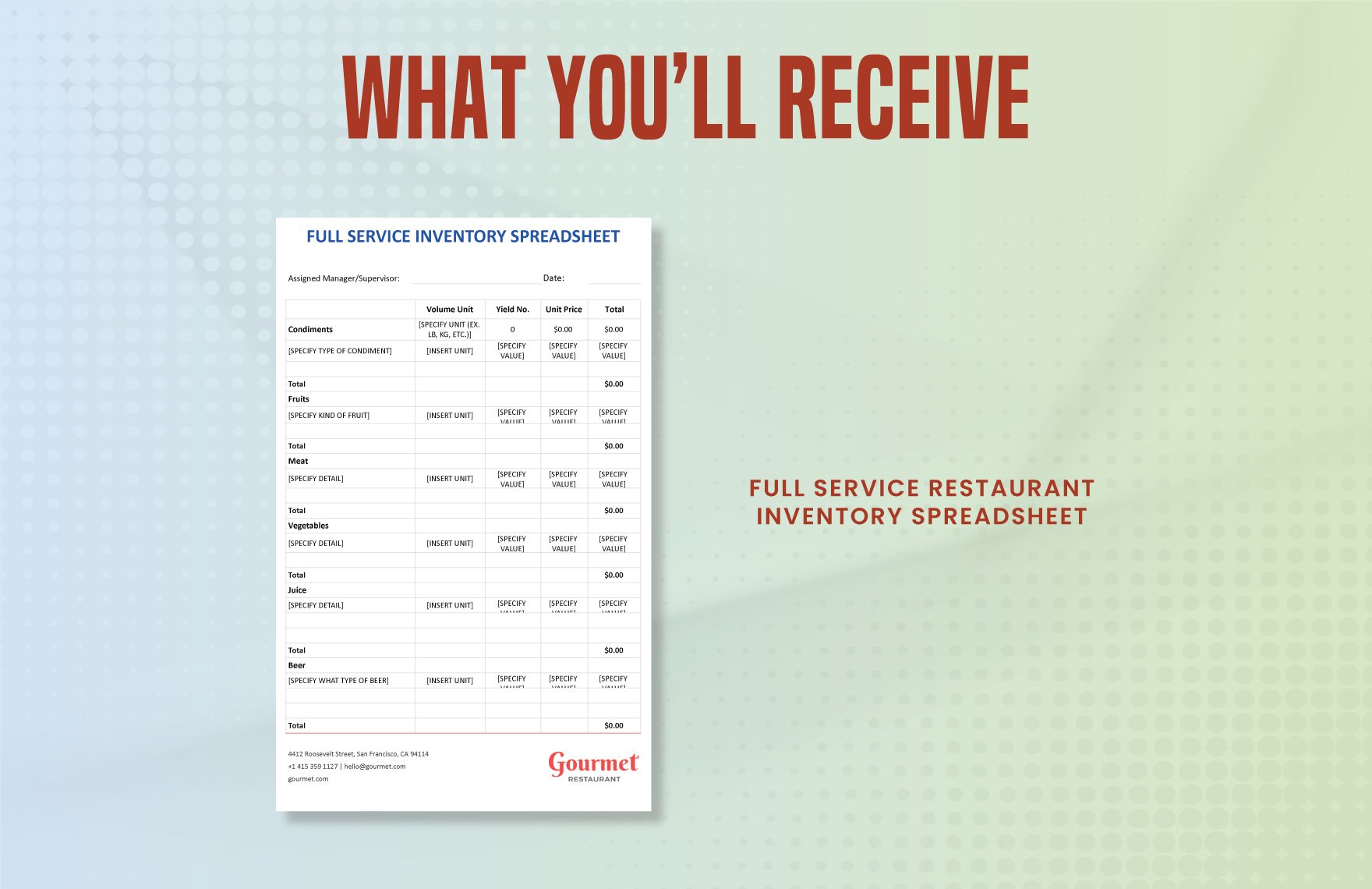 Full Service Restaurant Inventory Spreadsheet Template