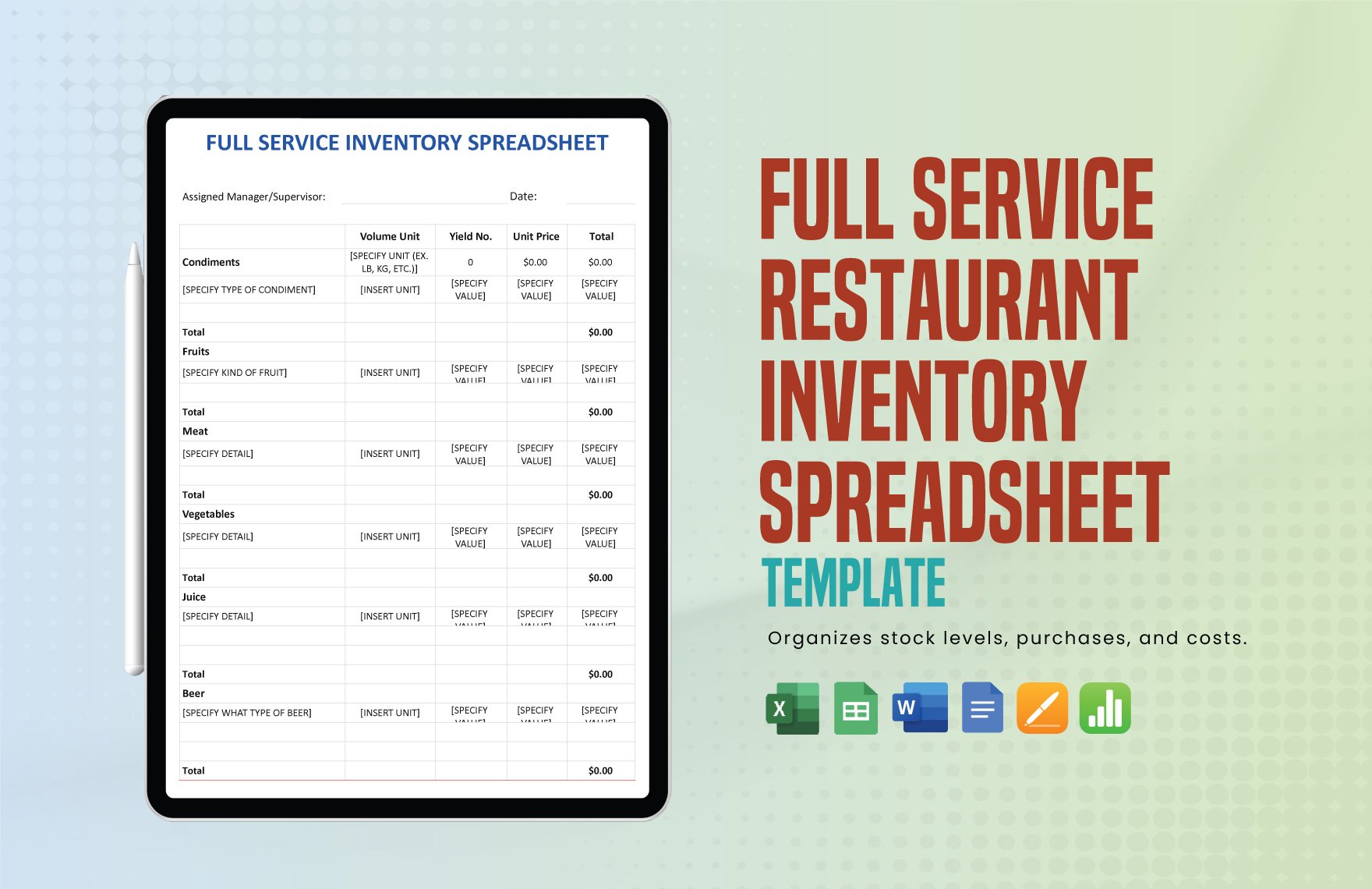 Full Service Restaurant Inventory Spreadsheet Template in Word, Google Docs, Excel, Google Sheets, Apple Pages, Apple Numbers