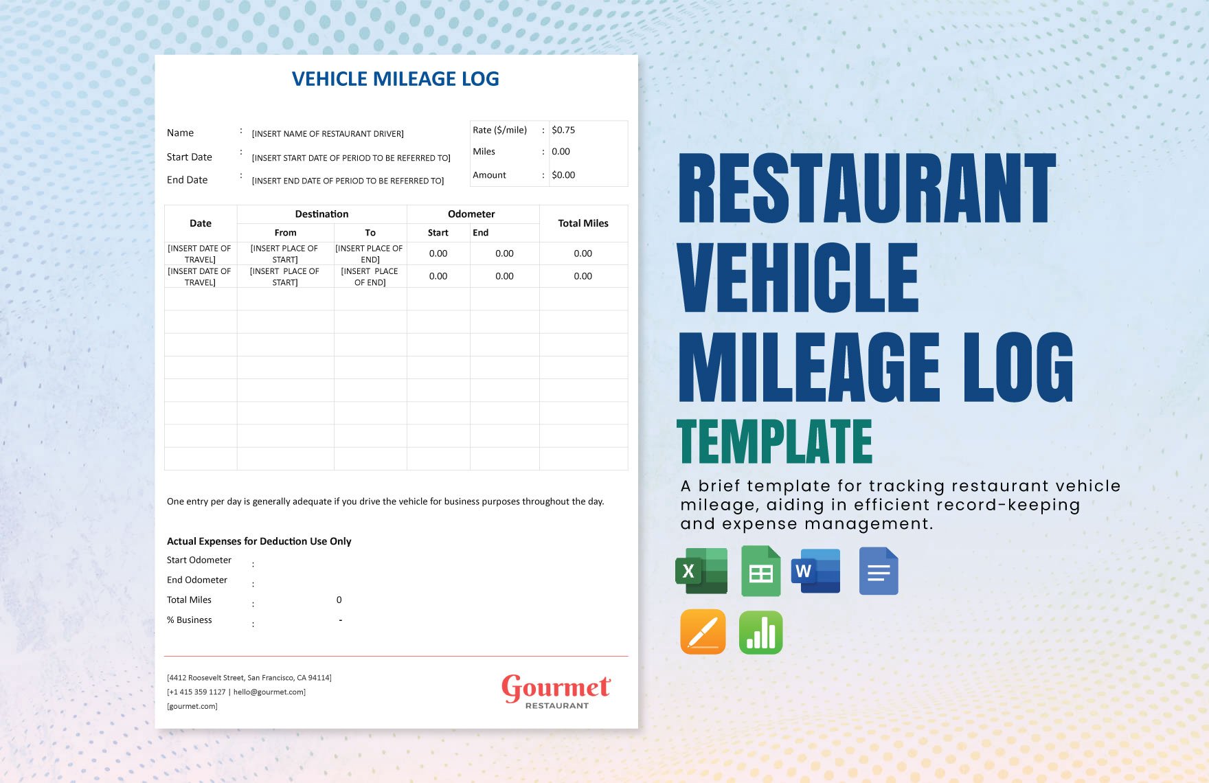 Restaurant Vehicle Mileage Log Template