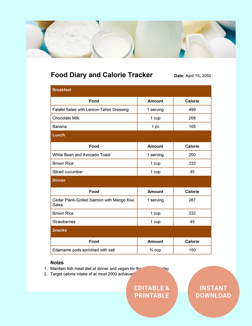 Food Diary And Calorie Tracker Template