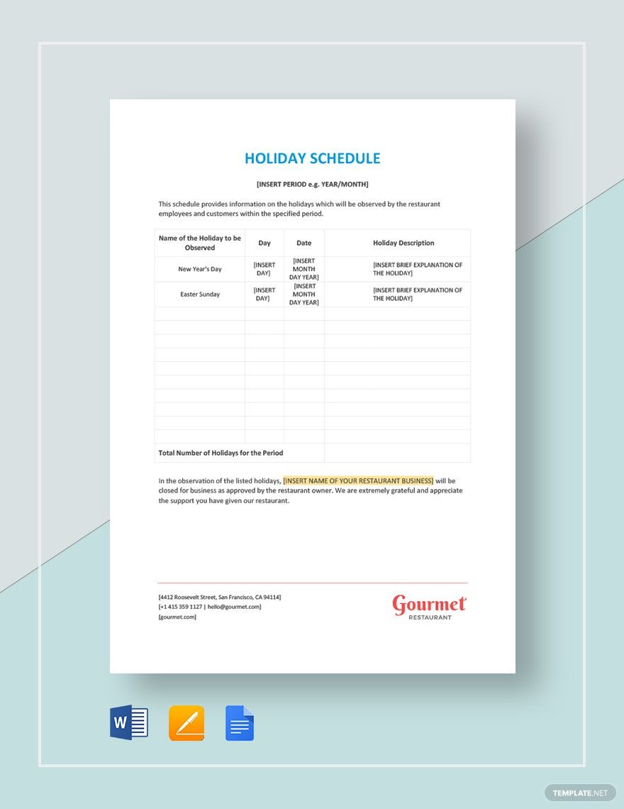 Company Holiday Schedule Template Google Docs Word Apple Pages PDF 