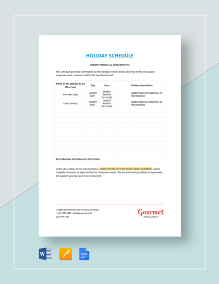 Company Holiday Schedule Template PDF Word Apple Pages Google Docs