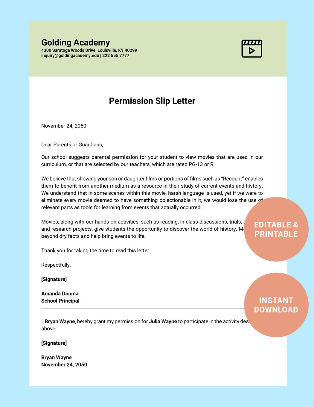 Permission Slip Letter Template