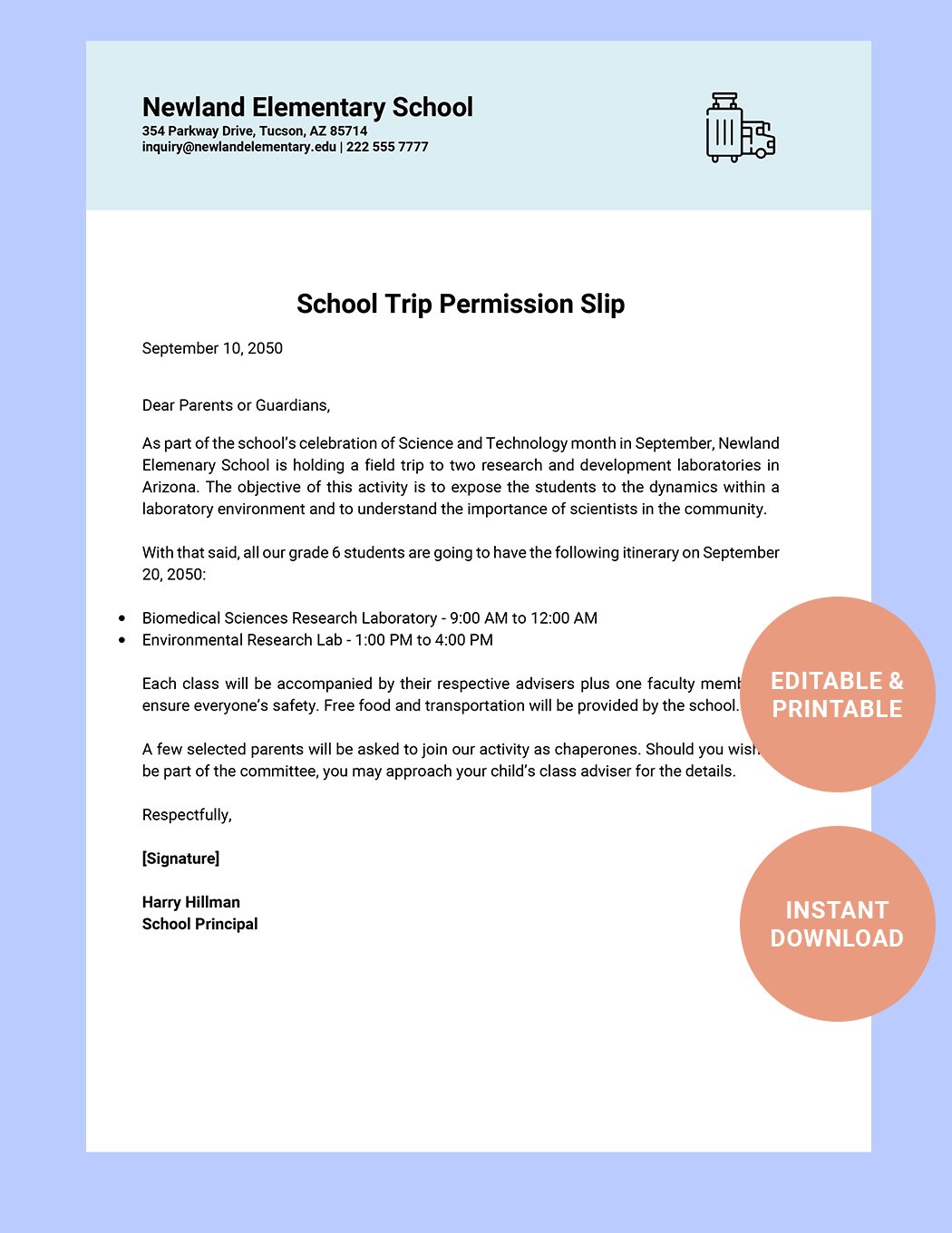 Elementary School Permission Slip Template
