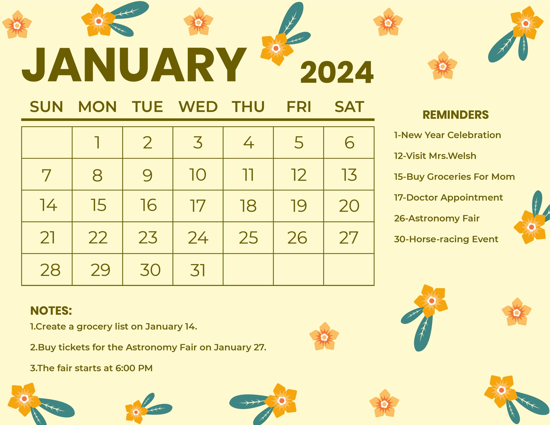 Floral January 2024 Calendar EPS Illustrator JPG Word SVG Template