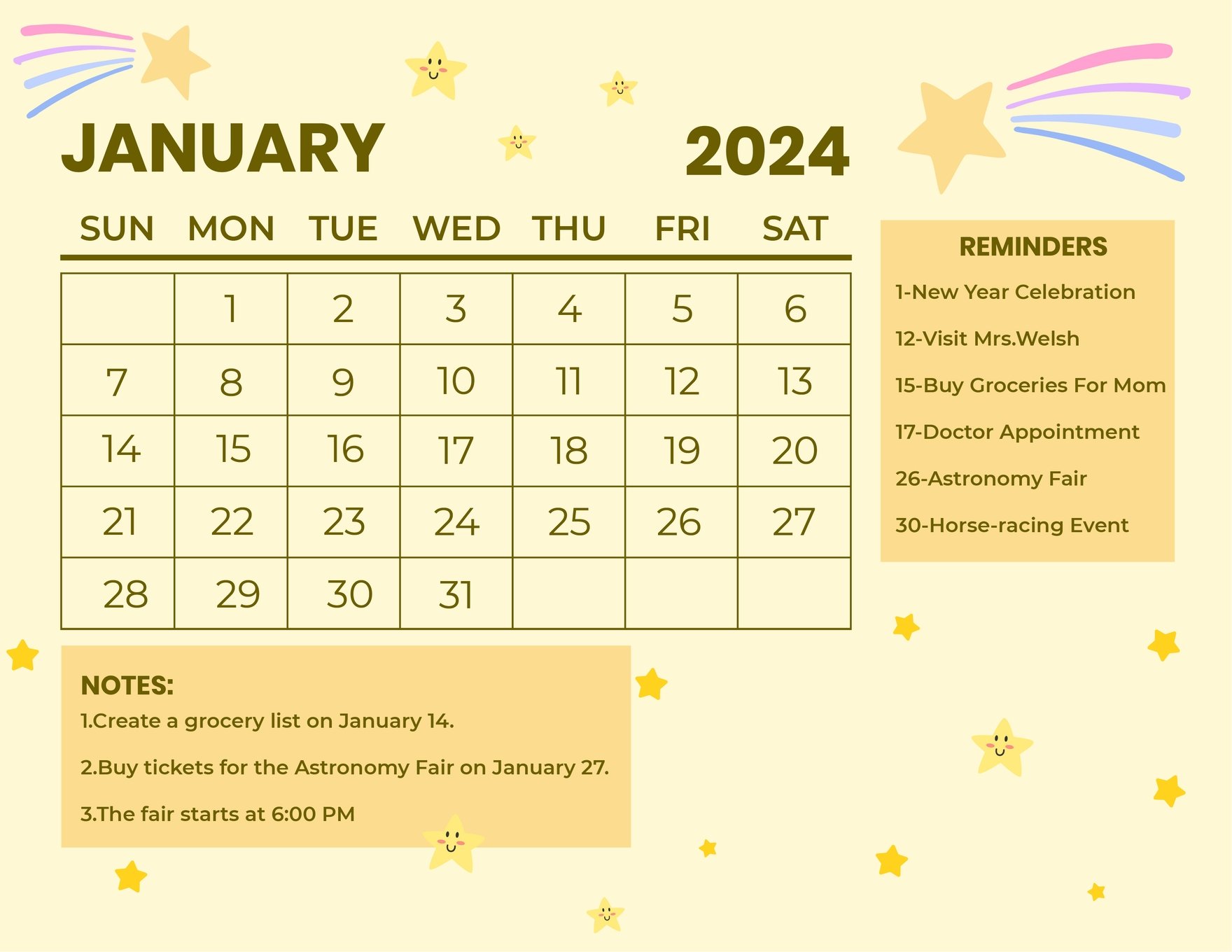 Pretty January 2024 Calendar