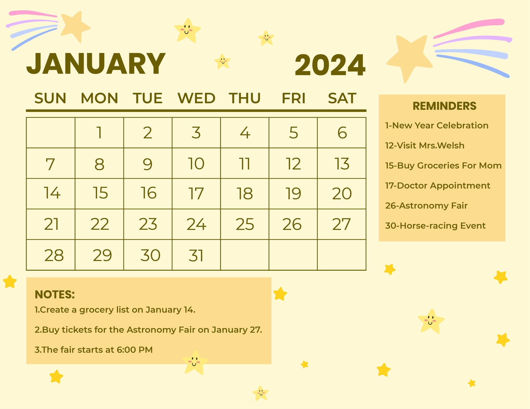 FREE January 2024 Calendar Template Download in Word, Google Docs