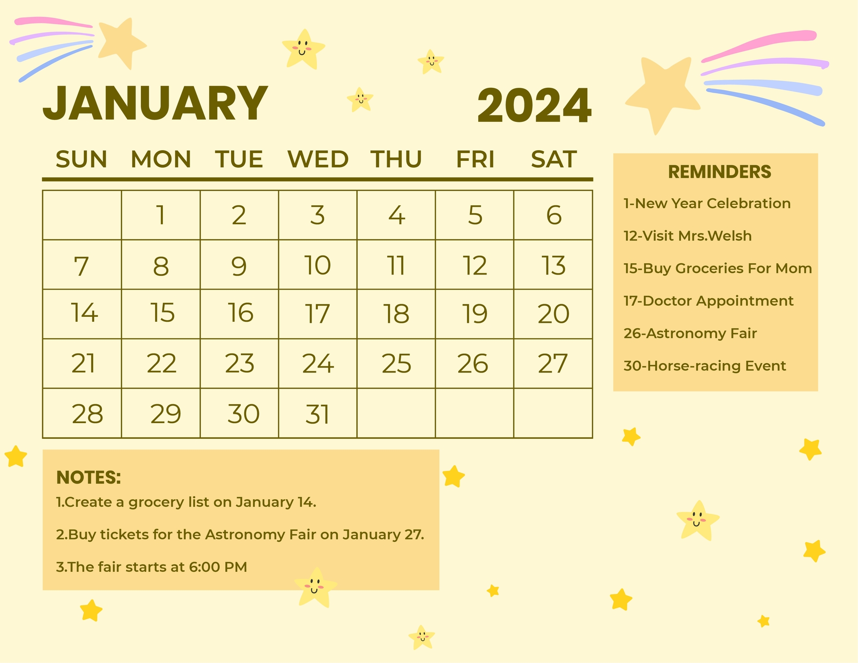 FREE January 2024 Calendar Word Template Download Template