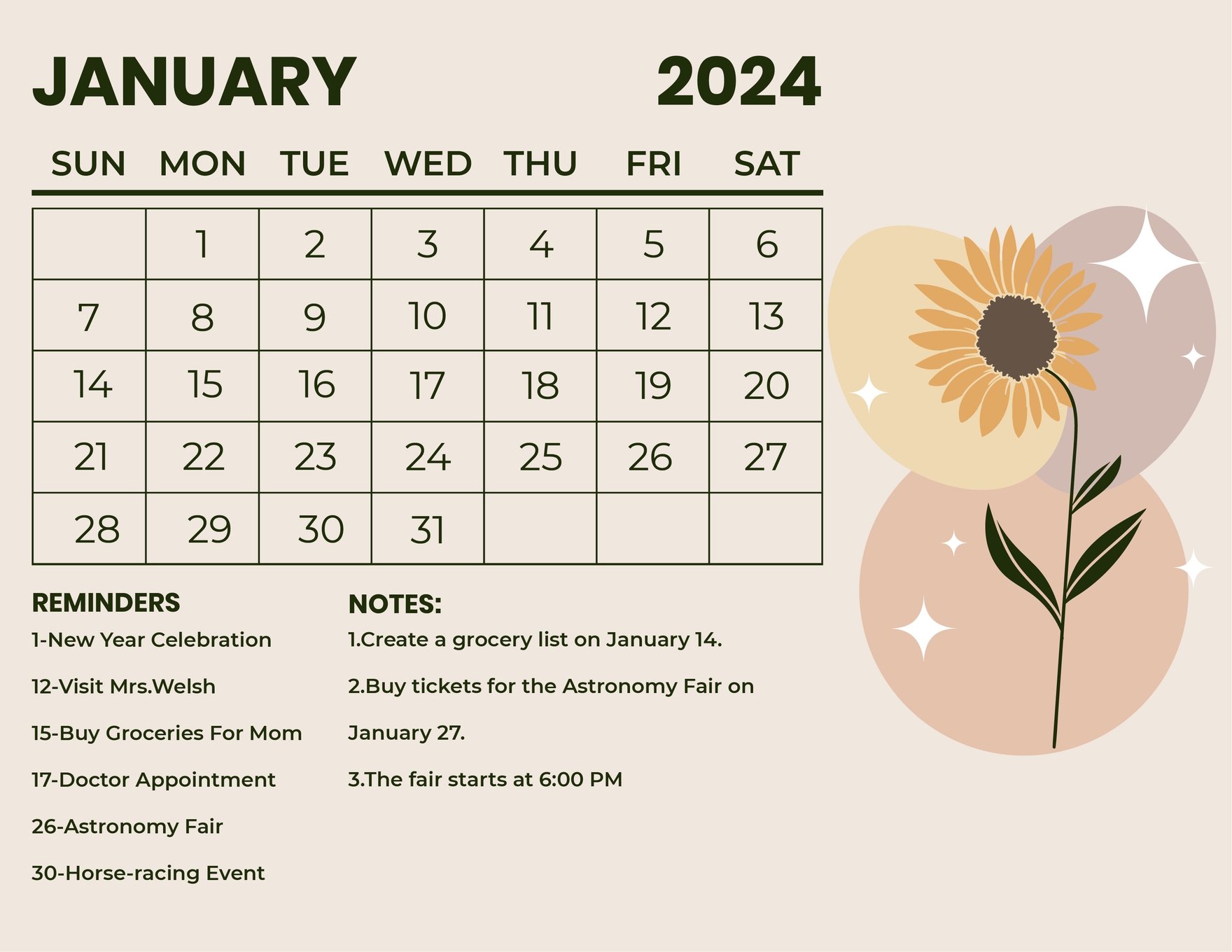 Fancy January 2024 Calendar