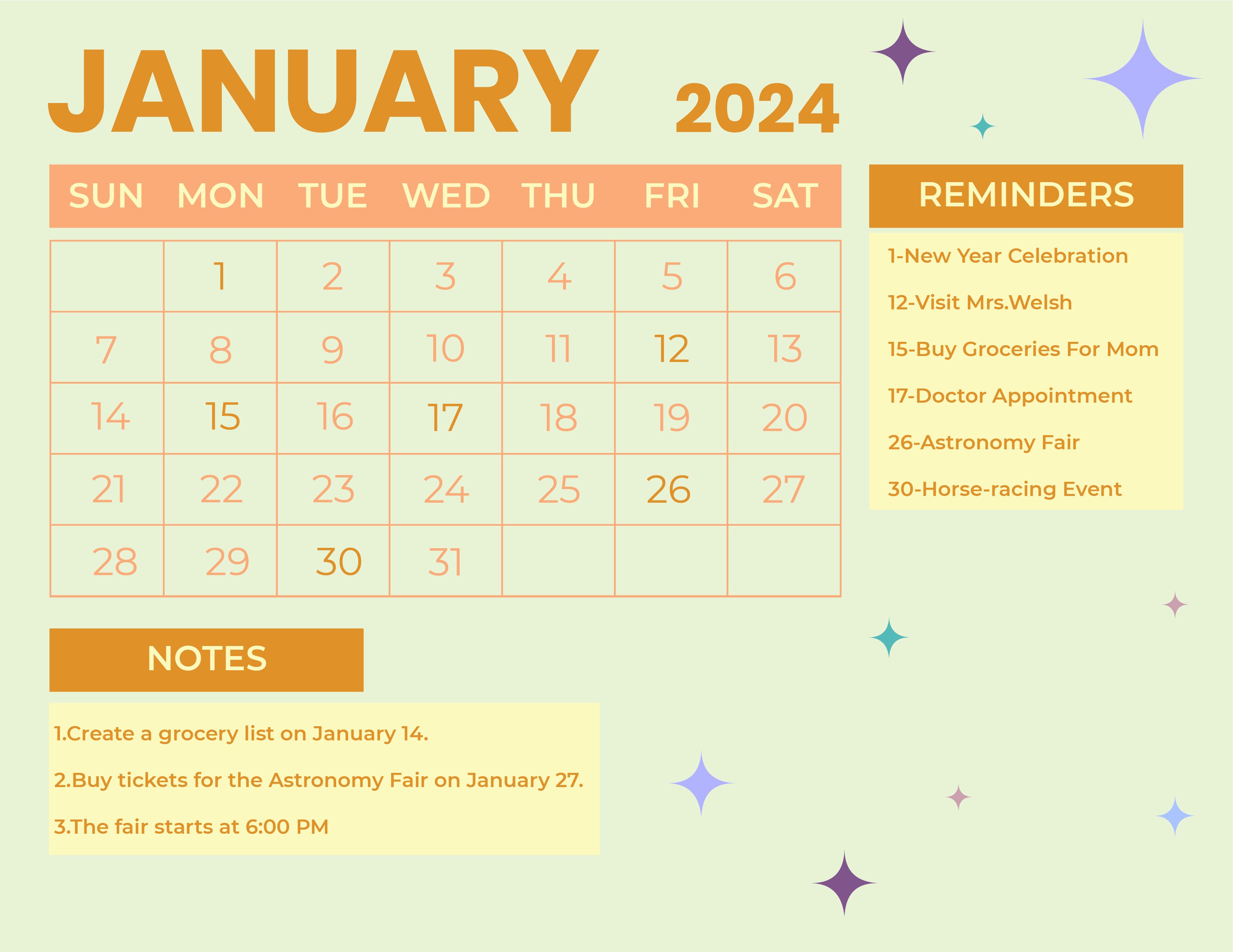 Cute January 2024 Calendar Download in Word, Illustrator, EPS, SVG