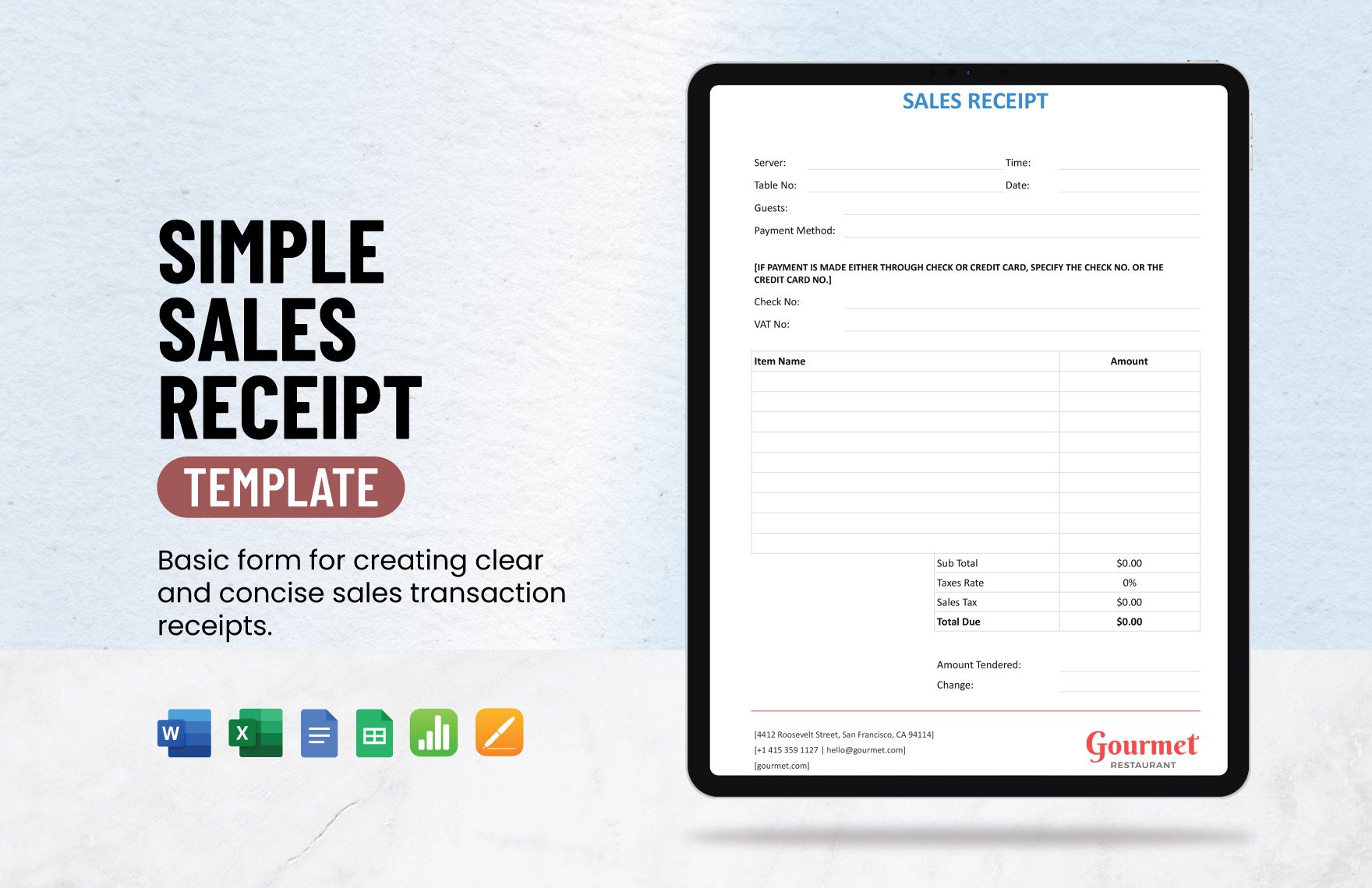 Simple Sales Receipt Template in Word, Google Docs, Excel, Google Sheets, Apple Pages, Apple Numbers