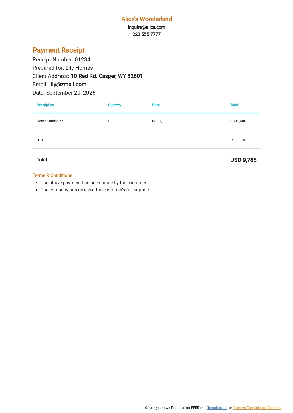 Sample Payment Receipt Template