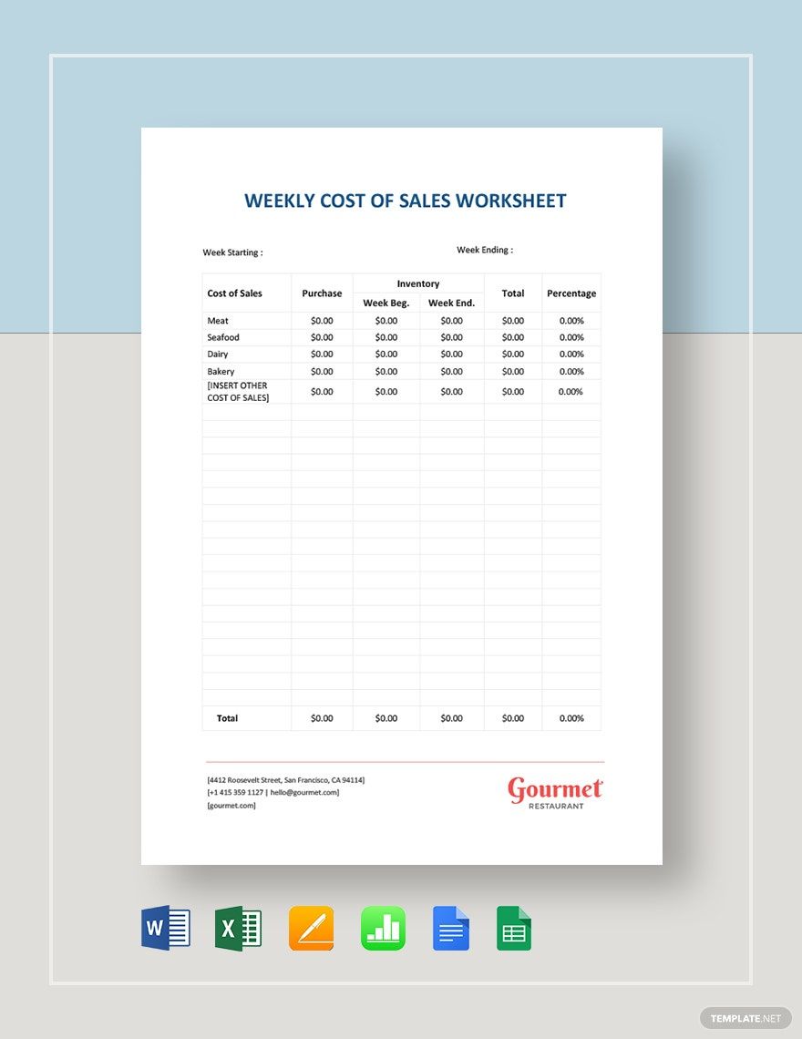 Weekly Cost of Sales Worksheet Template in Word, Google Docs, Excel, Google Sheets, Apple Pages, Apple Numbers