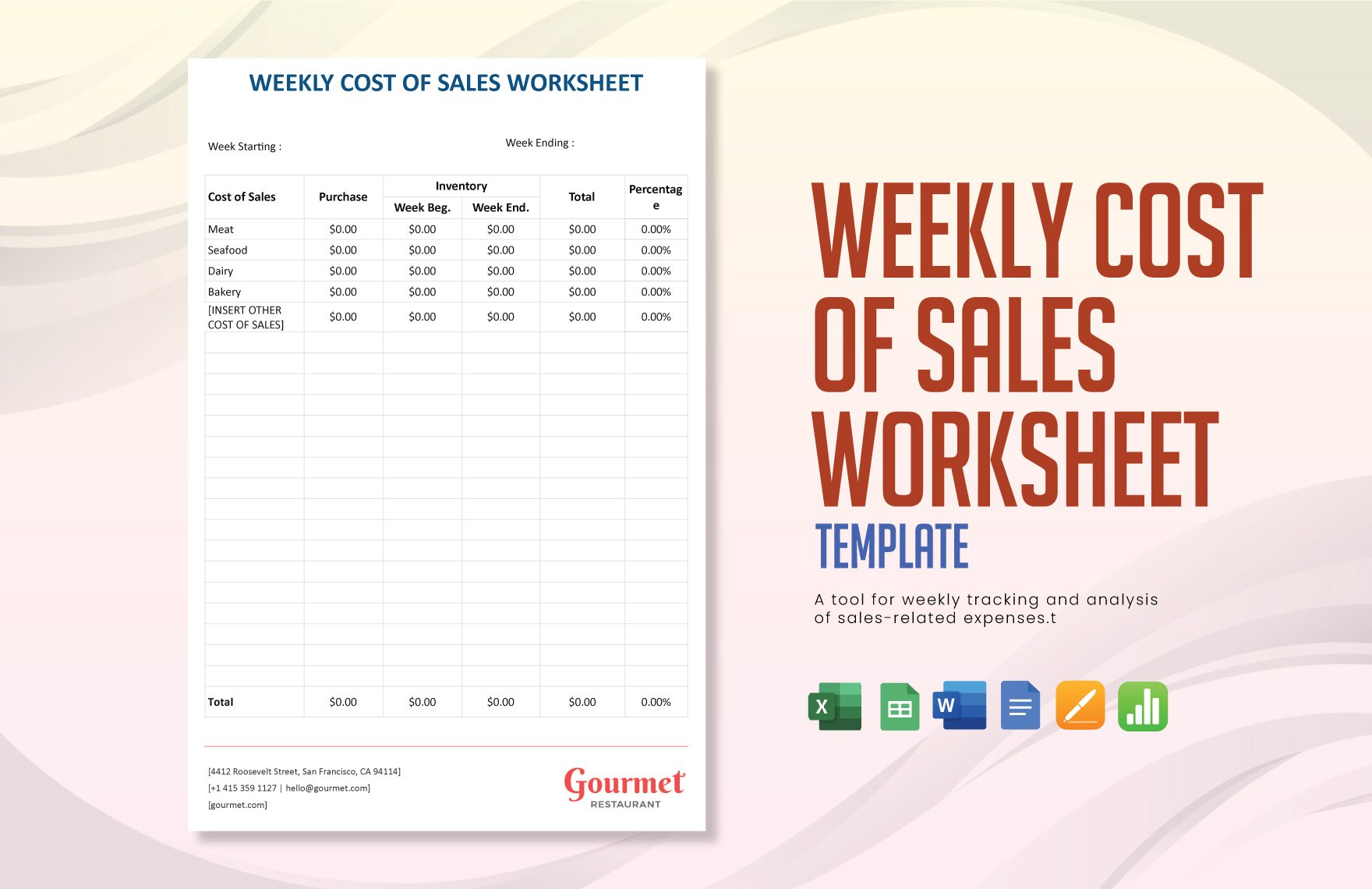 Weekly Cost of Sales Worksheet Template in Word, Google Docs, Excel, Google Sheets, Apple Pages, Apple Numbers