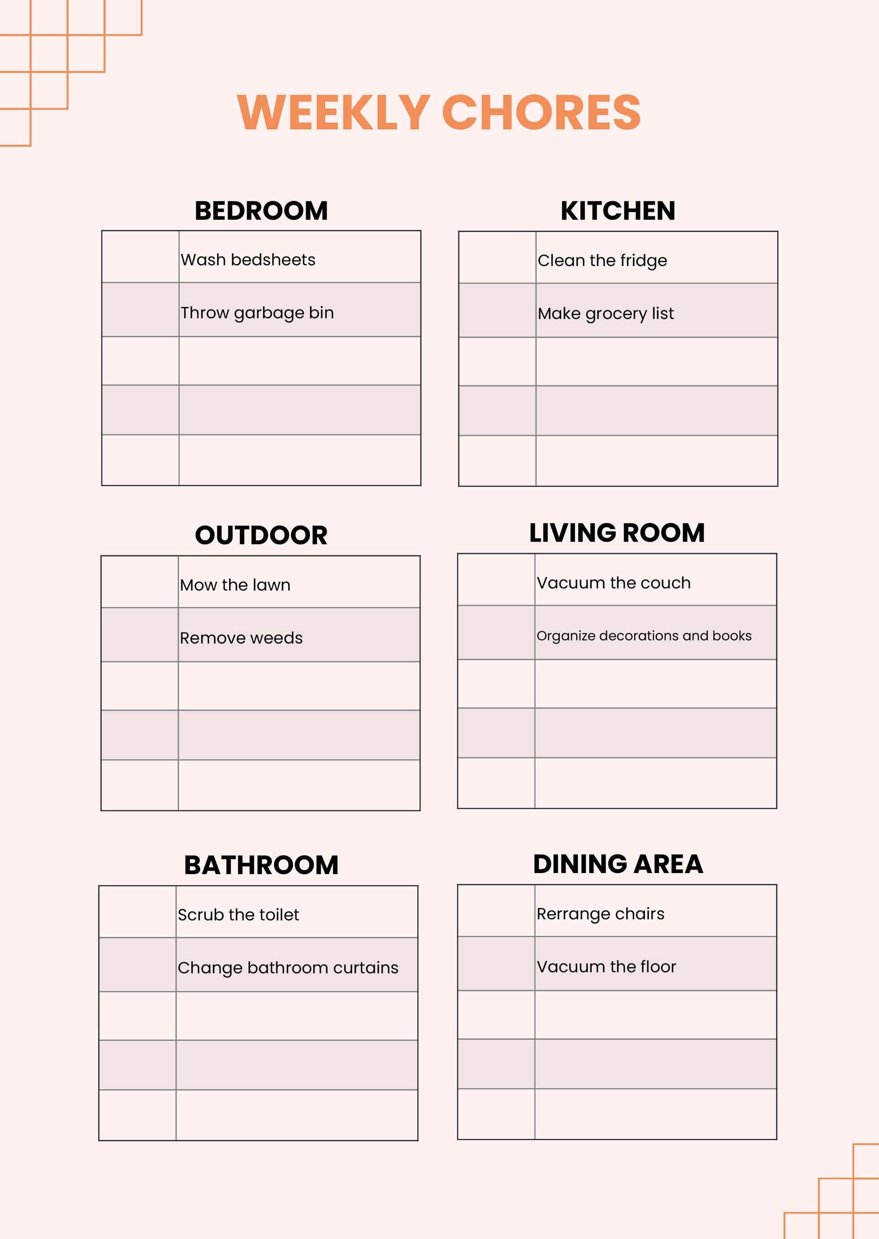 Weekly Adult Chore Chart in PDF, Illustrator