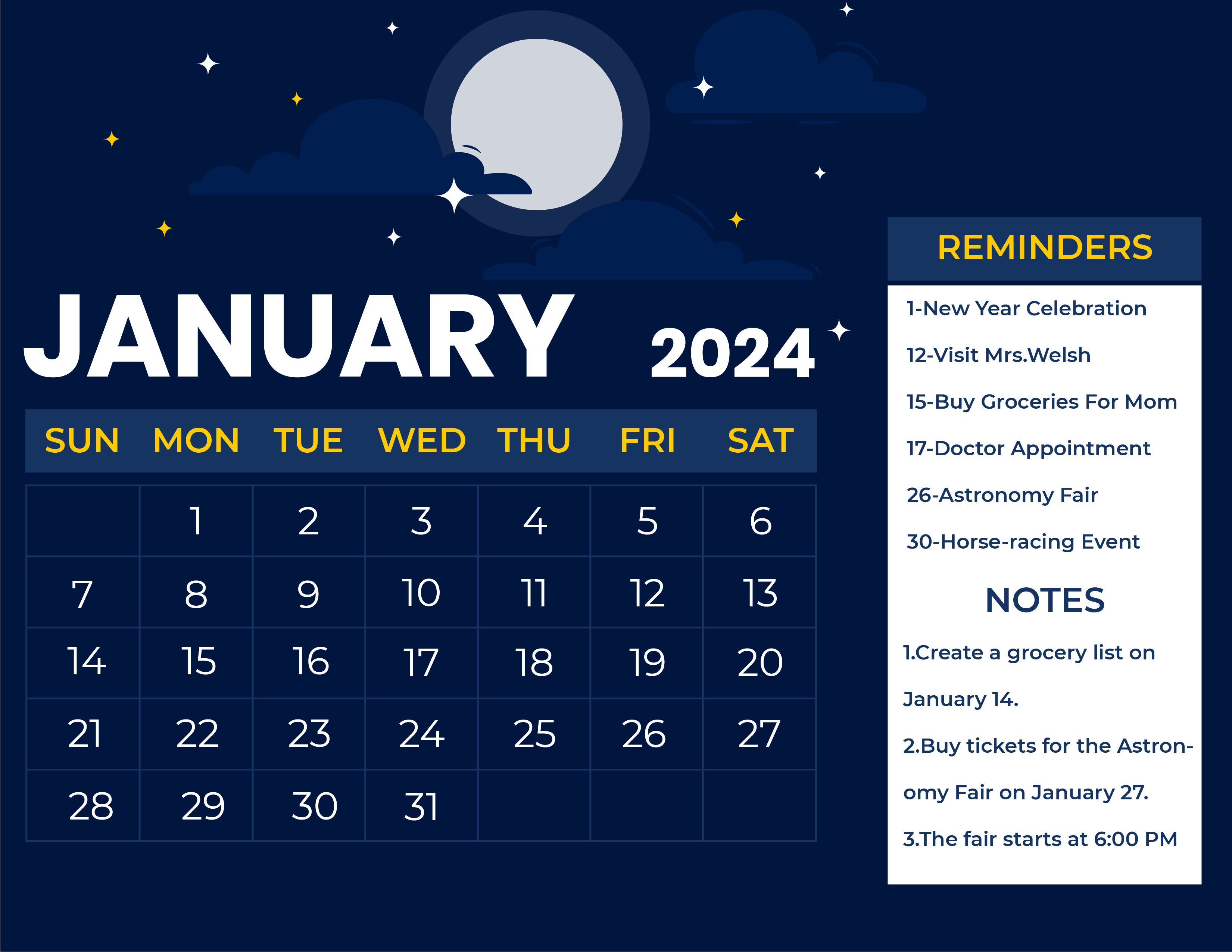 Blue January 2024 Calendar in EPS, Illustrator, JPG, Word, SVG - Download