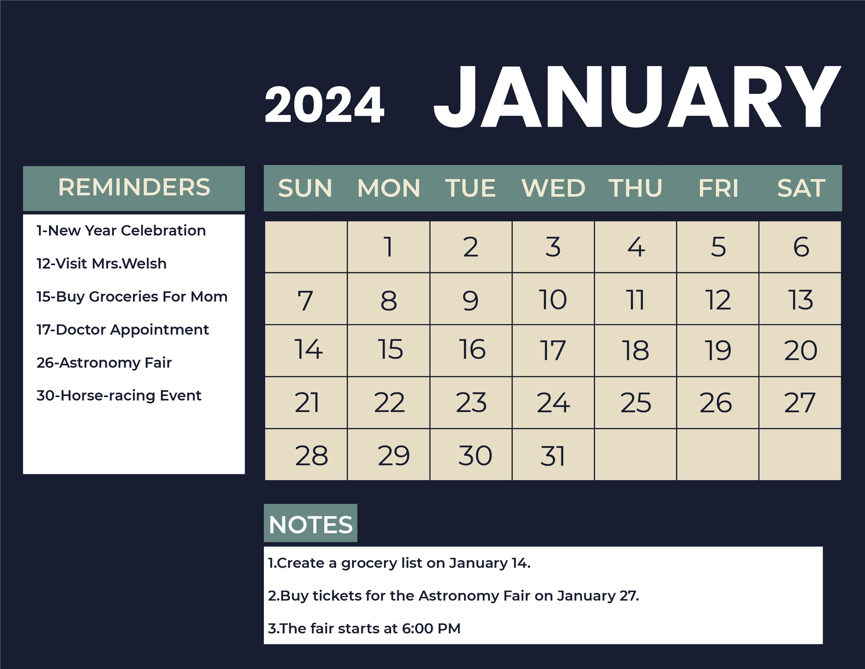 January 2024 Monthly Calendar EPS Illustrator JPG Word SVG Template