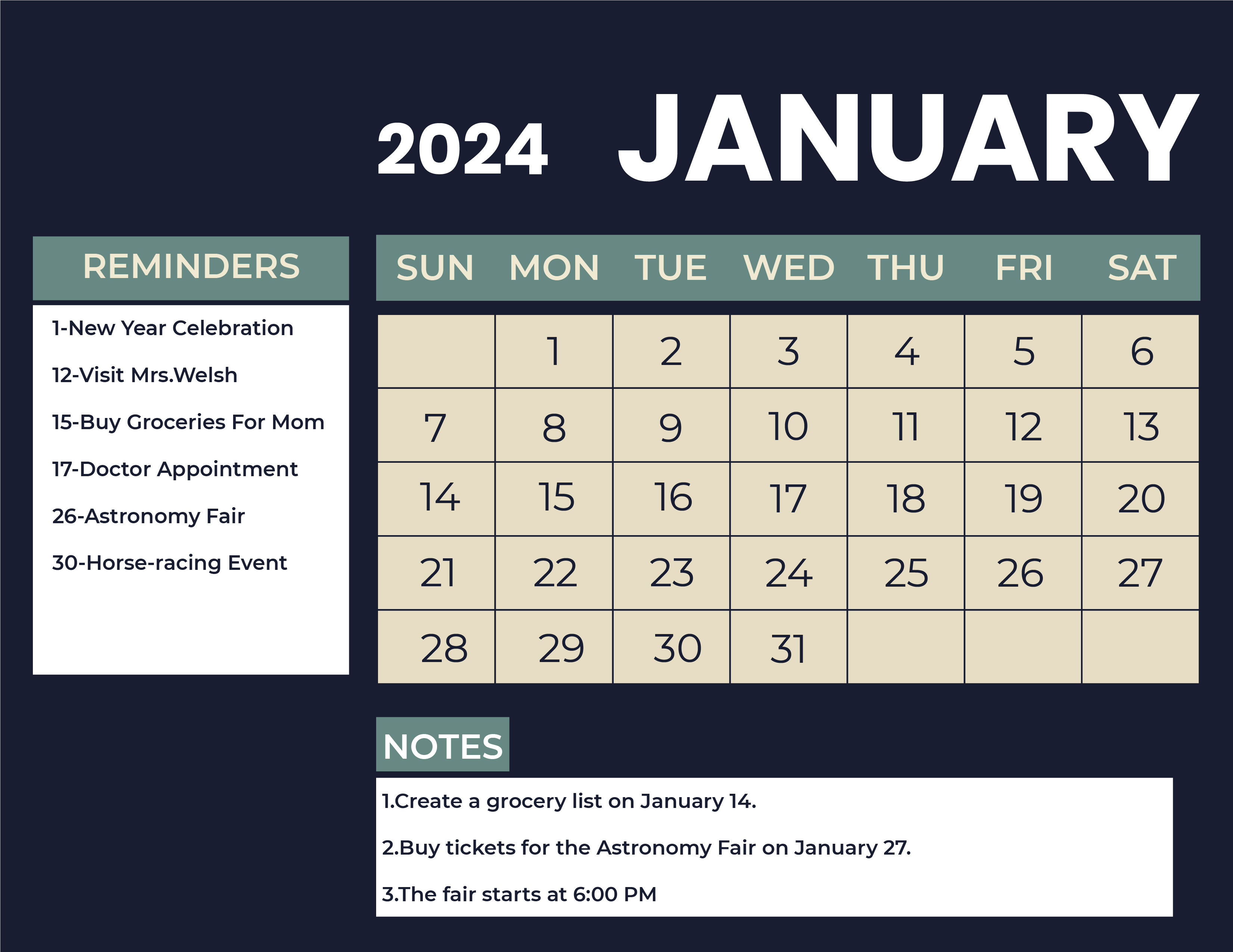 Printable January 2024 Monthly Calendar Download in Word, Illustrator